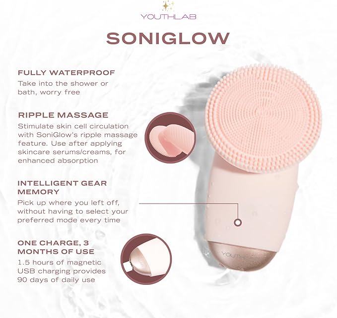 SoniGlow, Pink, Silicone Facial Skin Cleansing Brush, Electric, Vibrating, Scrubber, Hygienic, Exfoliation, Massage, Firm, Tone, Blackheads, Pores, Waterproof, Rechargeable, Makeup Removal