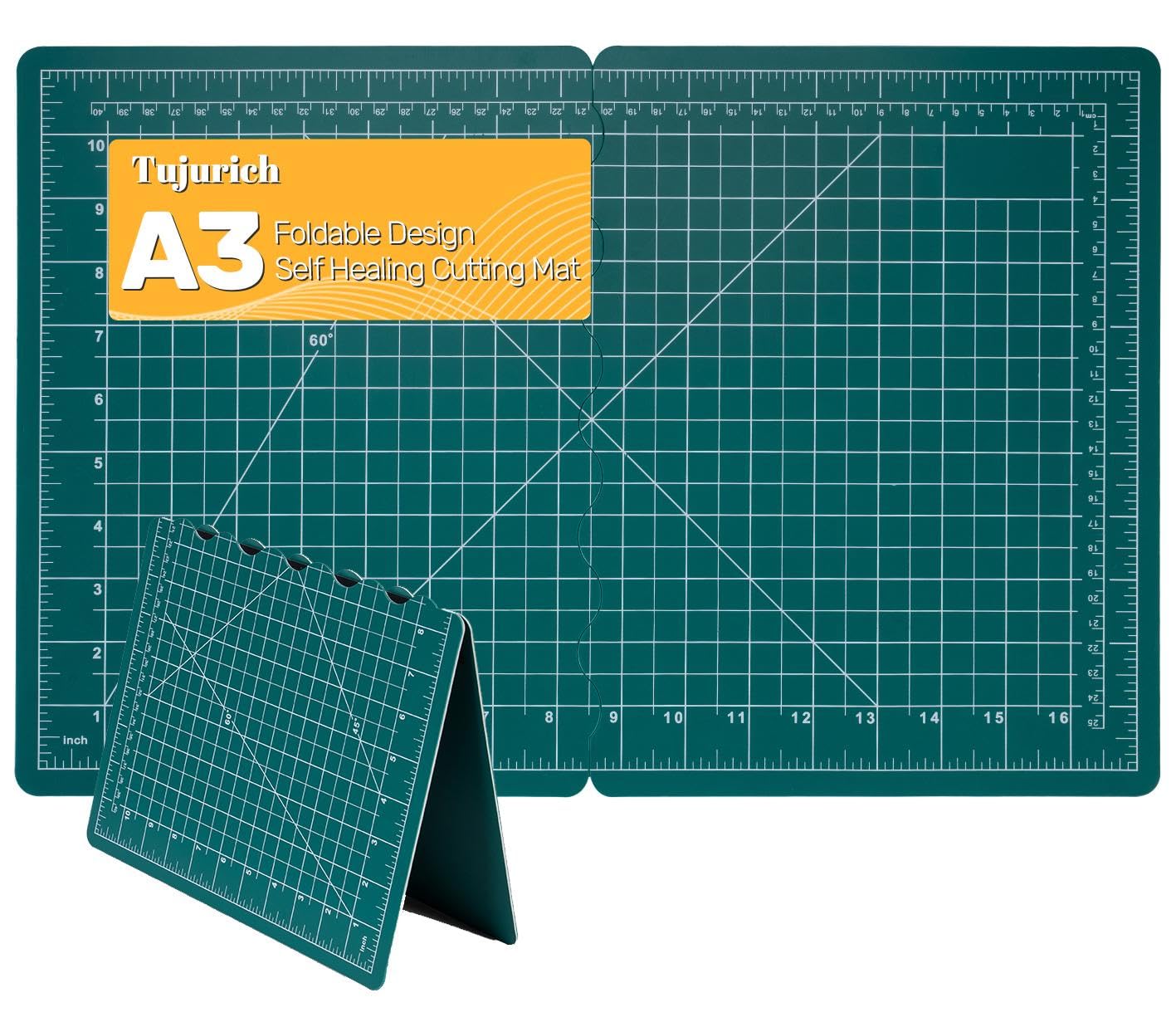 Tujurich Foldable Self-Healing Cutting Mat, 17” x 11”, Double-Sided Rotary Cutting Mat for Sewing, Quilting, Scrapbooking, Fabric Craft & Hobby Use, Craft Cutting Board(A3), Green