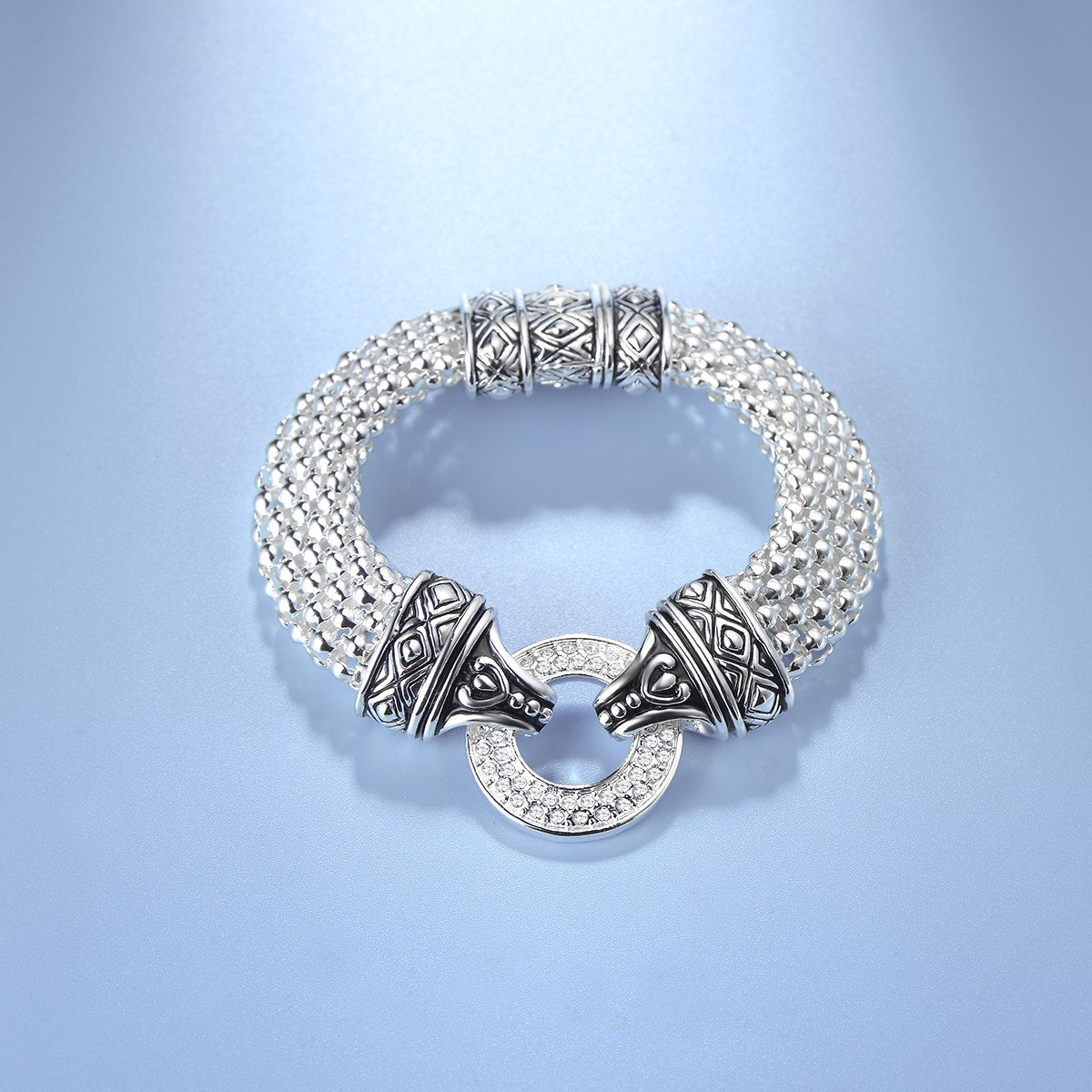 UNY Popcorn Chain Center Circle Pave Stone Unique Bracelet Magnetic Claps Designer Inspired Jewelry (Silver)