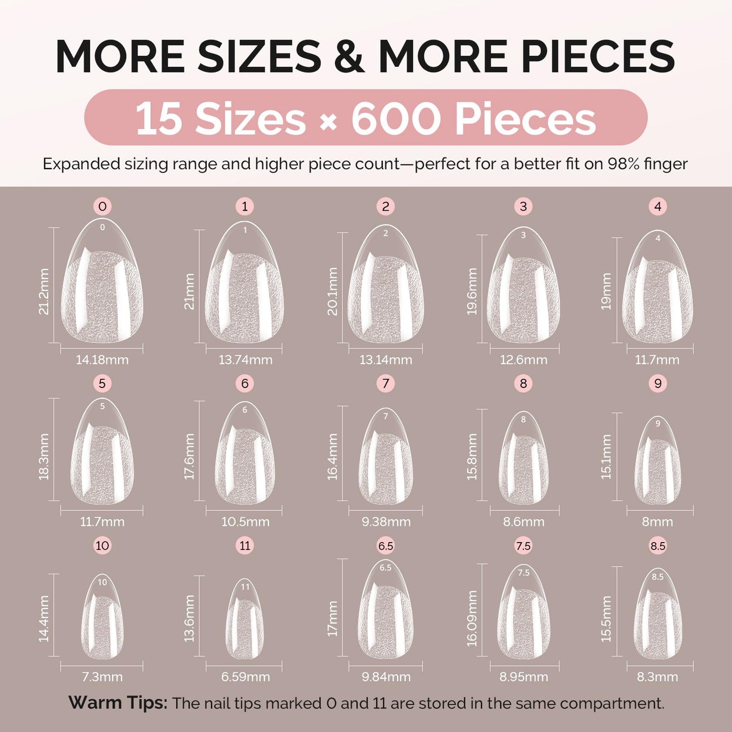 MelodySusie Short Almond X Nail Tips - 600Pcs 15 Sizes Clear Acrylic, Half Matte Full Cover Press on Nails for DIY Extension & Salon Use, Pre-Shaped for Long-Lasting Manicure