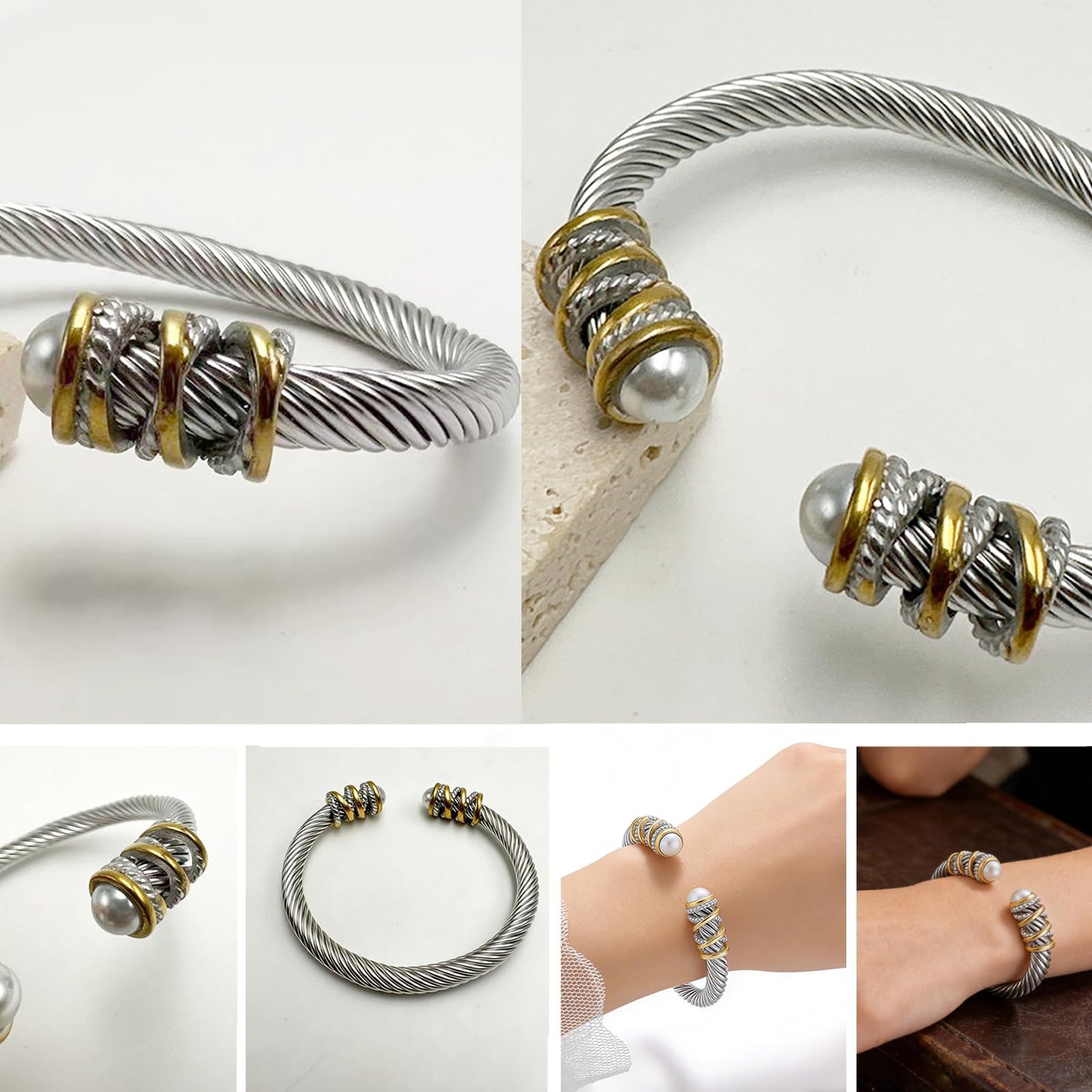 Twisted Cable Open Cuff Bangle Bracelets for Women, Gold Plated Jewelry with Composite Shell Pearl, Adjustable Stainless Steel Bangle for Timeless Elegance