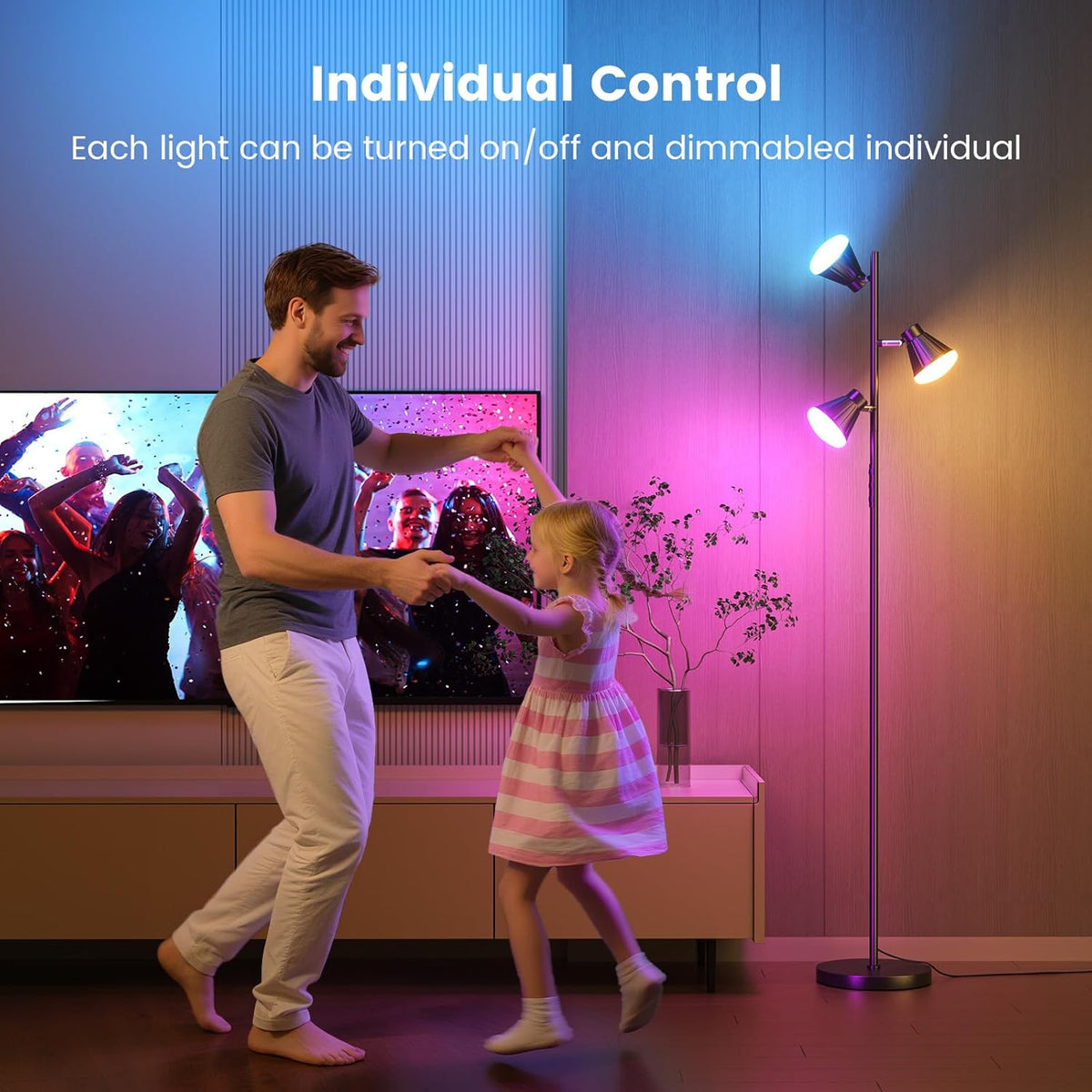 RGB Floor Lamp, 36W LED Dimmable Standing Lamp with 3 Swivel Lights, Color Changing Tall Lamp with Remote, Stepless Dimmable Modern Floor Lamps for Living Room, Bedroom, Gaming Room,Office