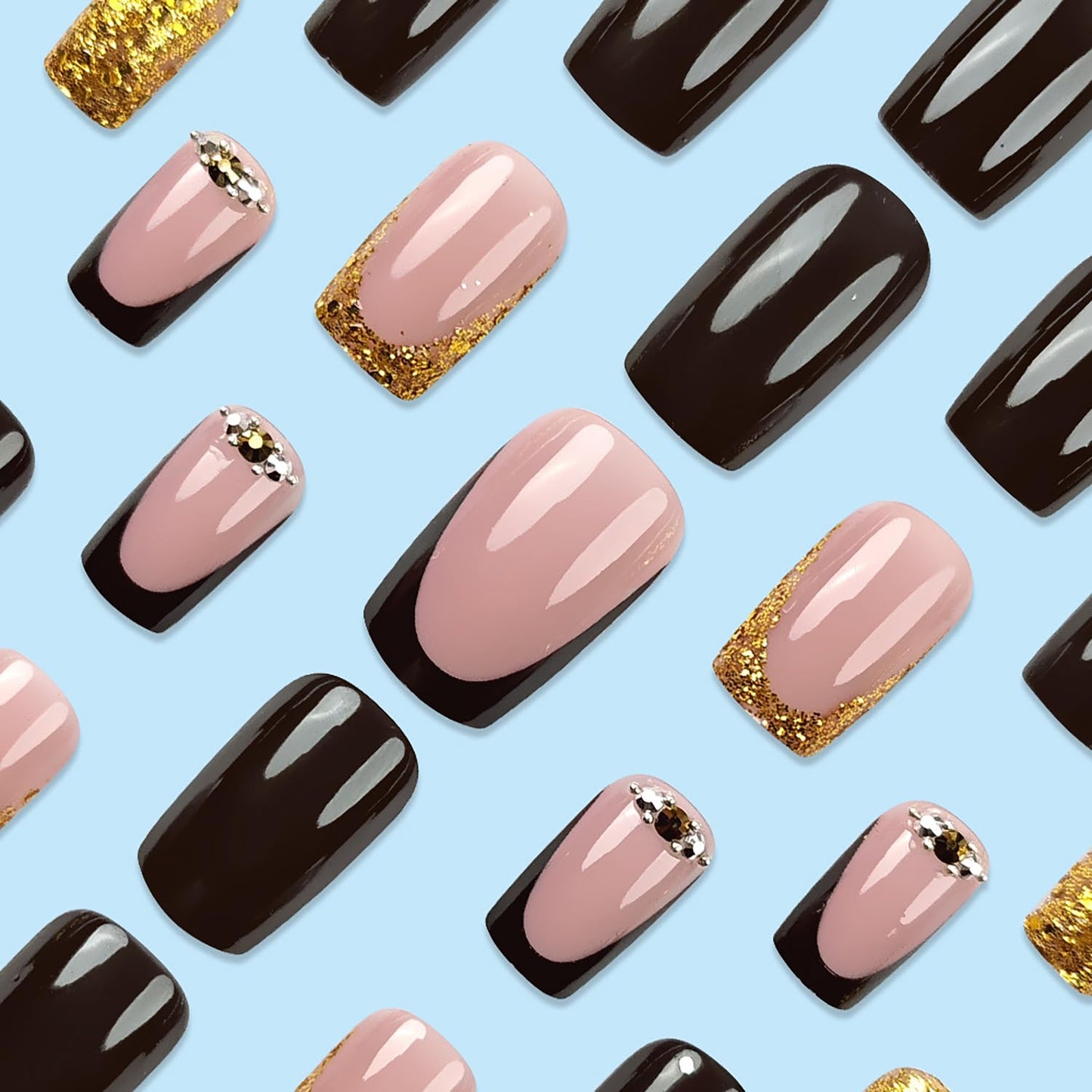 Press On Nails Square Gold French False Nails Glitter Sequins Rhinestones Design Short Full Cover Artificial Acrylic Coffin Nails Reusable Glue on DIY Stick on Nails for Women 24Pcs