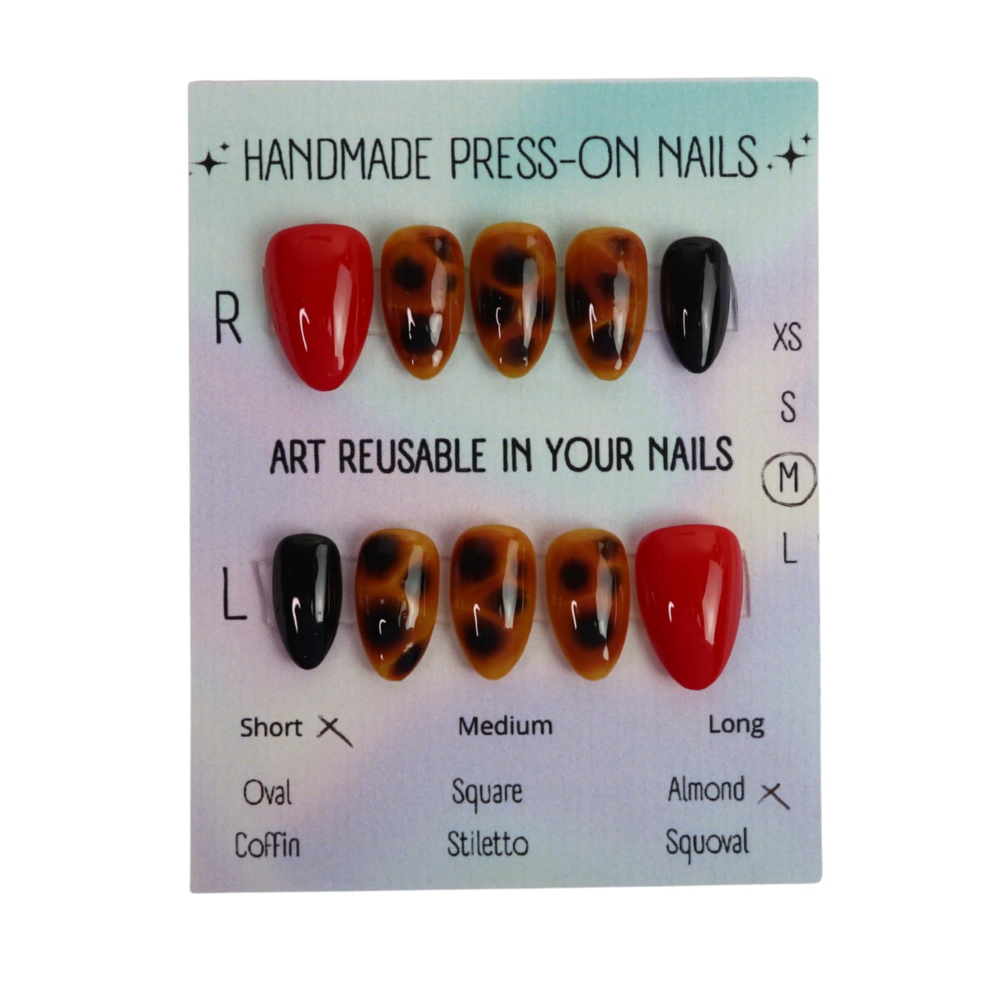 Tortoise Luxe Press-On Nails Short Almond | Handmade Tortoiseshell Red and Black Nails | Reusable False Nails | Elegant Custom Nail Set (Tortoise Shell Red and Black, S Short Almond)