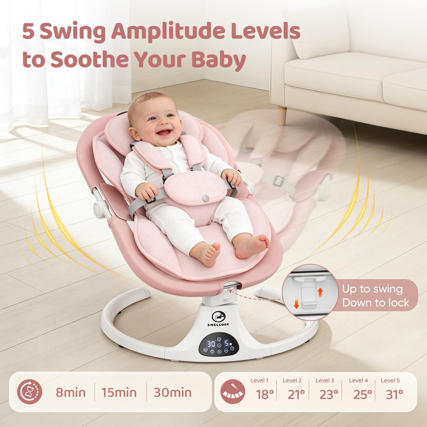Baby Swings for Infants, Smelluck Baby Swing, Portable Electric Swing with Upgraded 3 Adjustable Backrest, 12 Preset Melodies, 5 Speeds, Remote Control and Bluetooth, Indoor and Outdoor Use