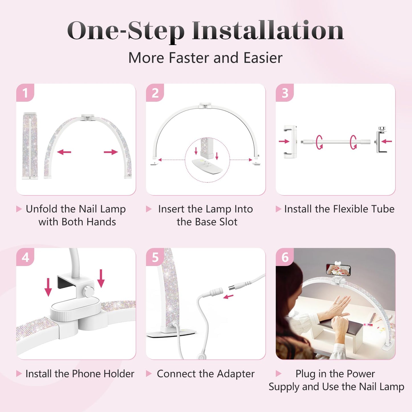 Yokilly Half Moon Light for Nail Desk: 23" Foldable Half Moon Desk Lamp with Phone Holder for Beginner - Arch Nail Tech Light with 3 Color Modes & 10 Brightness for Manicure Salon (Diamond, Small)