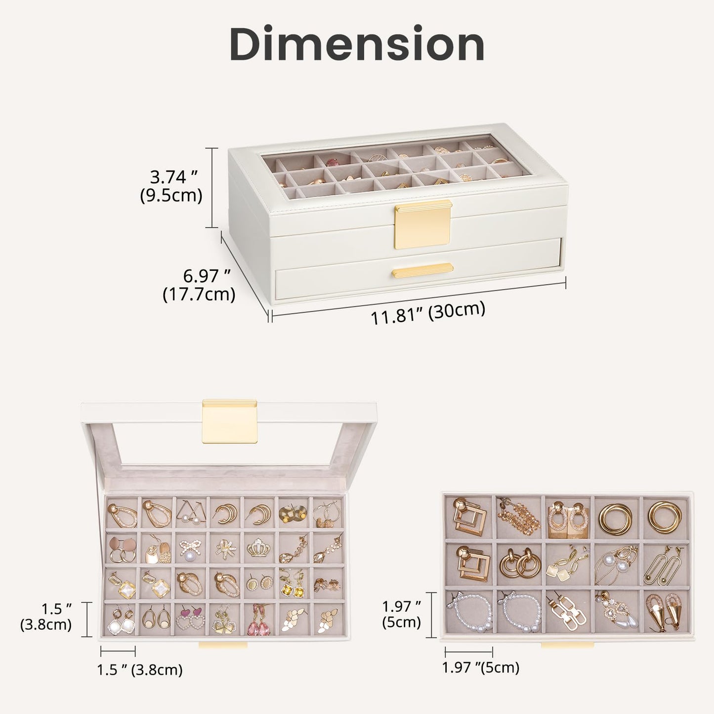 Lolalet Earring Storage Box Case with Glass Top, Large Earring Jewelry Holder Organizer Display with Drawer and Grid, Mothers Day Gifts -2 Tiers, Cloud White