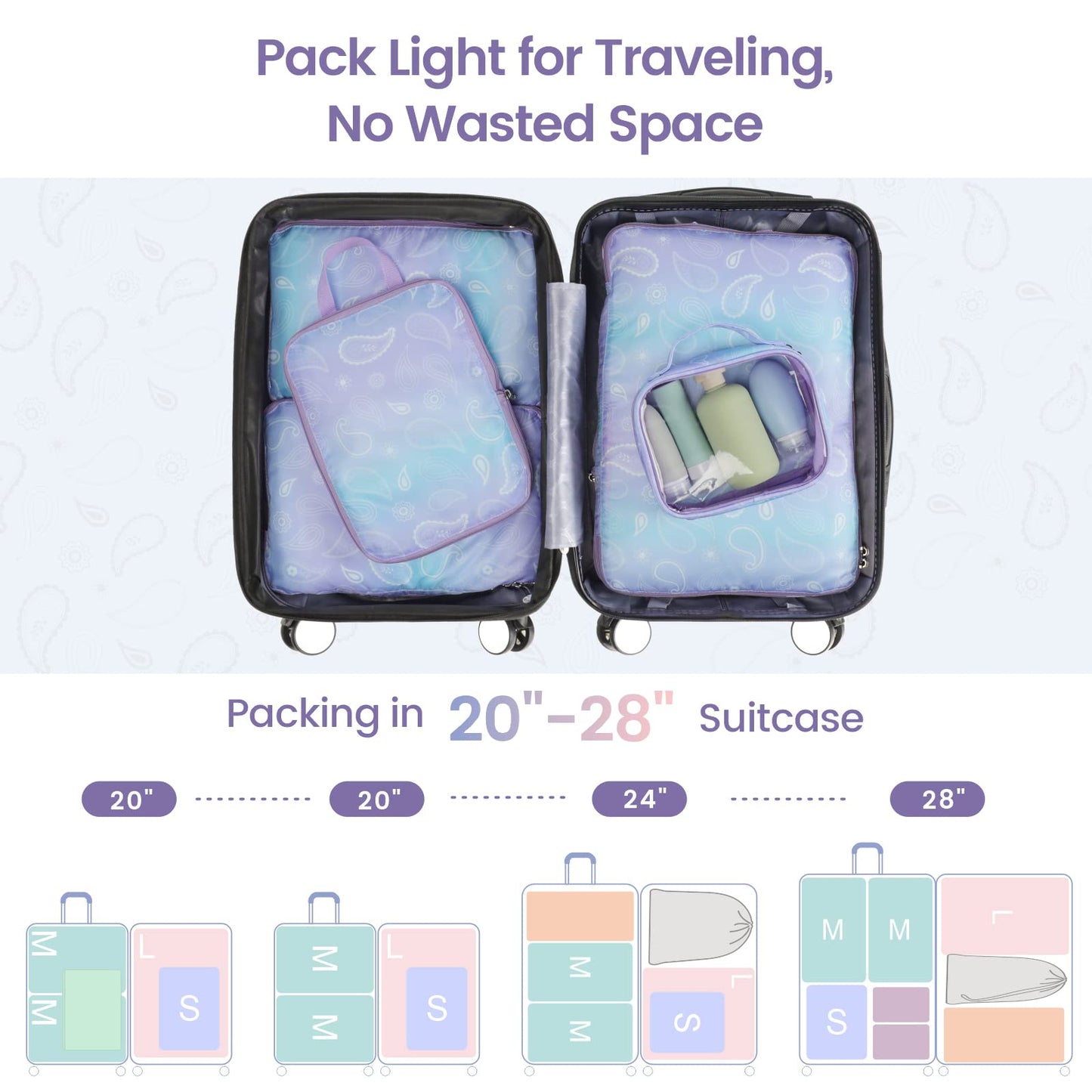 Cambond Compression Packing Cubes Travel - 5 Set Packing Cubes for Suitcases, Lightweight Expandable Luggage Organizers Space Saver Compression Cubes with Makeup Bag, White Blue Purple Gradient