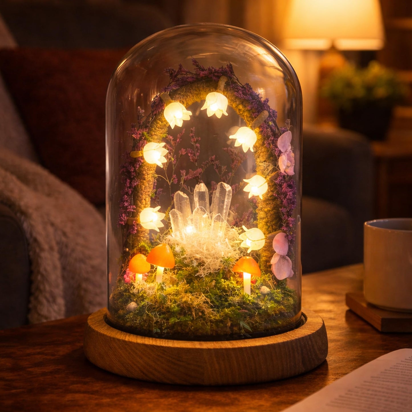 Nordic Notch Mushroom Night Light Lamp - Handmade Glass Dome Fairy Light with Solid Wood Base, USB or Wireless, Cozy Aesthetic Bedside Table Decor, Unique Gift | Purple Rain