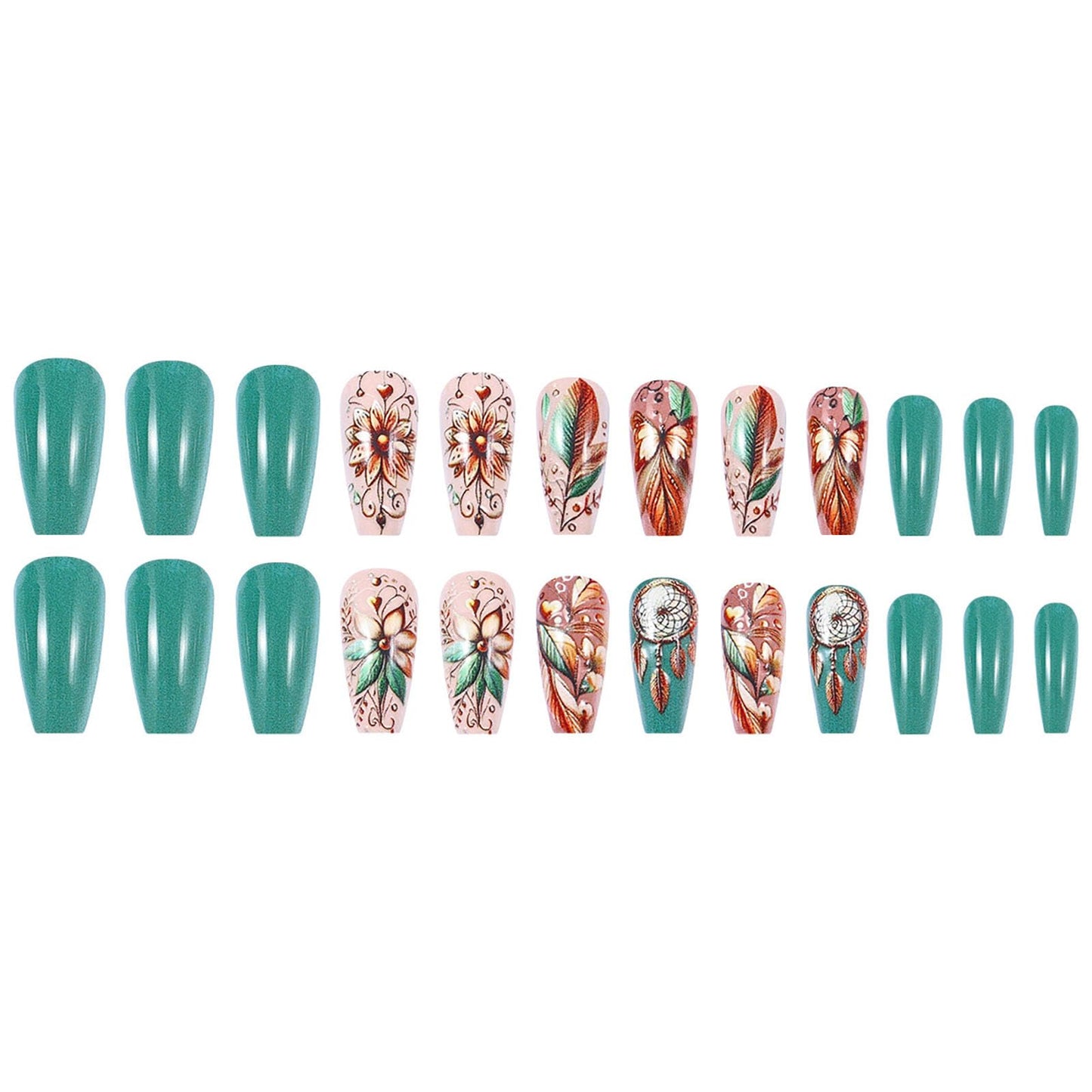 Green Press on Nails Coffin Medium Fake Nails with Butterfly Flower Designs Full Cover Nails Press ons Glossy Glue on Nails Cute False Nails Spring Acrylic Nails Summer Stick on Nails for Women 24Pcs