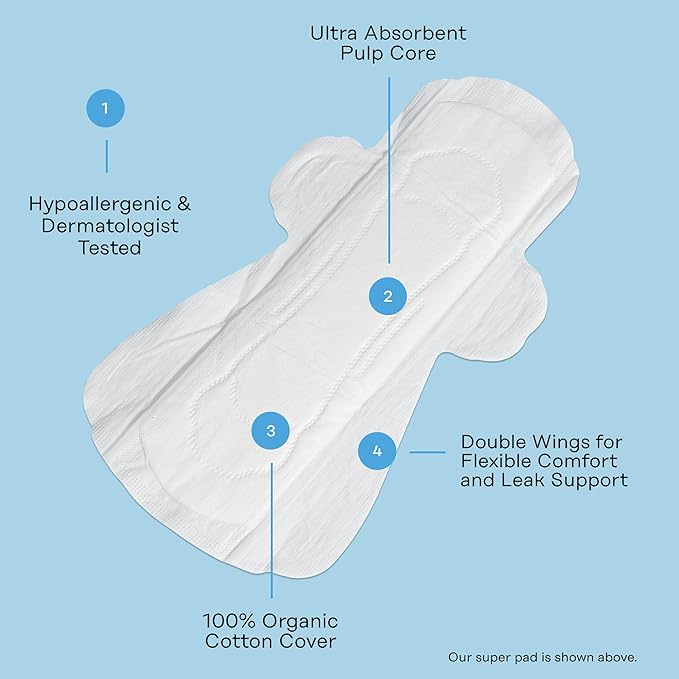 The Honey Pot Company - 64ct - Sanitary Pads for Women - Non-Herbal Super w/Wings - Organic - Cotton Cover, & Ultra-Absorbent Pulp Core - Feminine Care - FSA & HSA