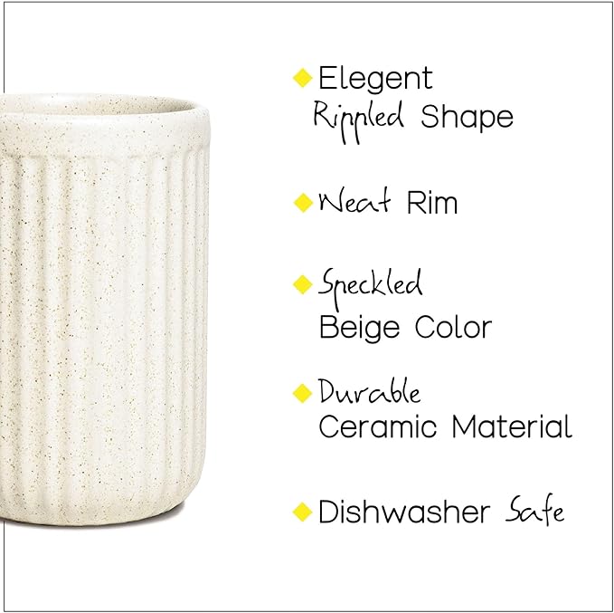 Beige Speckled Ceramic Toothbrush Holder, Rippled Cylinder Tumbler for Bathroom Countertop, Makeup Brush Holder, Pen Organizer, Multipurpose Bathroom Accessory