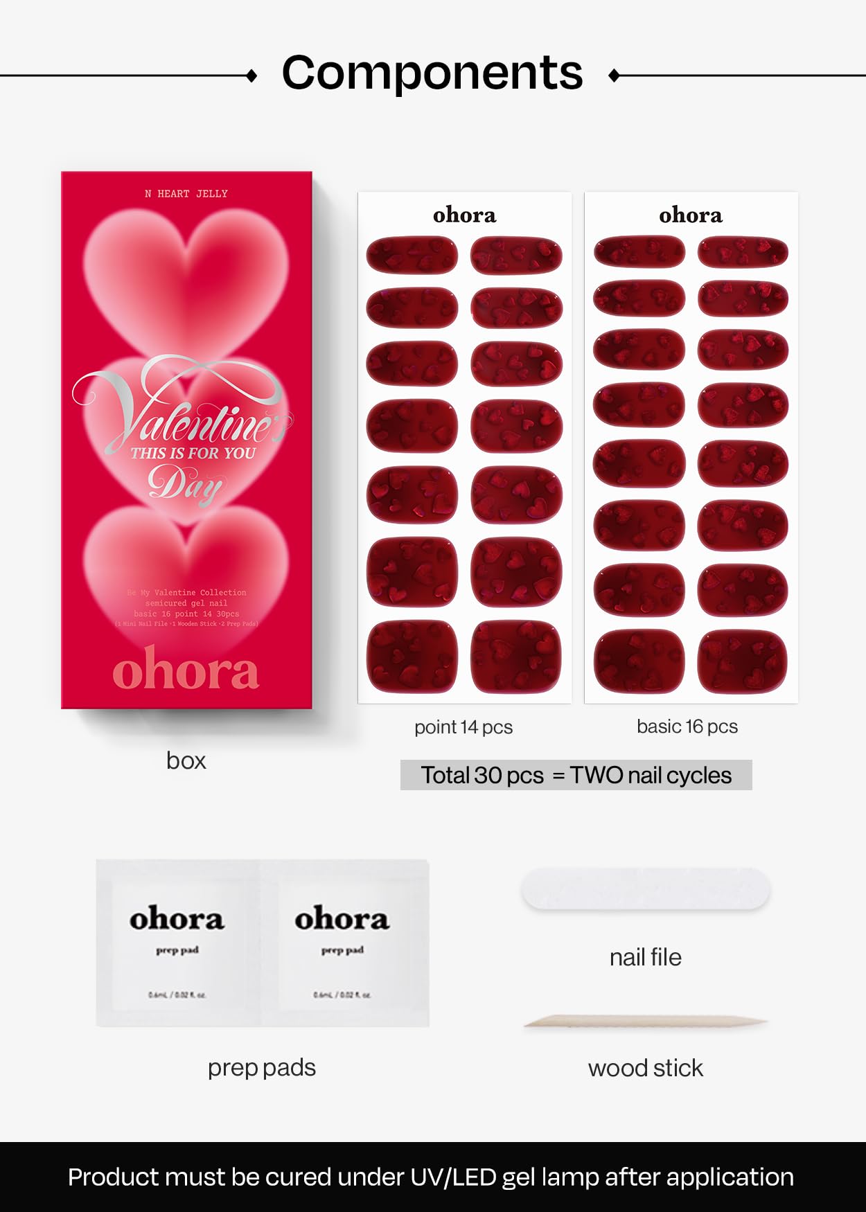 ohora Semi Cured Gel Nail Strips (N Heart Jelly) - Salon-Quality Valentines Nails, Works with Any Lamps, Long Lasting, Easy to Apply & Remove, Chip Resistant