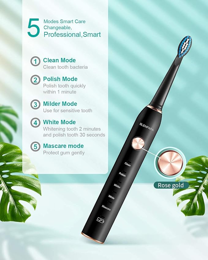 Teeth & Gums Care Electric Toothbrush, IPX7 Waterproof Sonicare 38000VPM, Fast Charge Long Last with Intelligent Time Reminder 5 Optional Modes Dupont Brush Heads, Travel, Indoor, Outdoor, Black