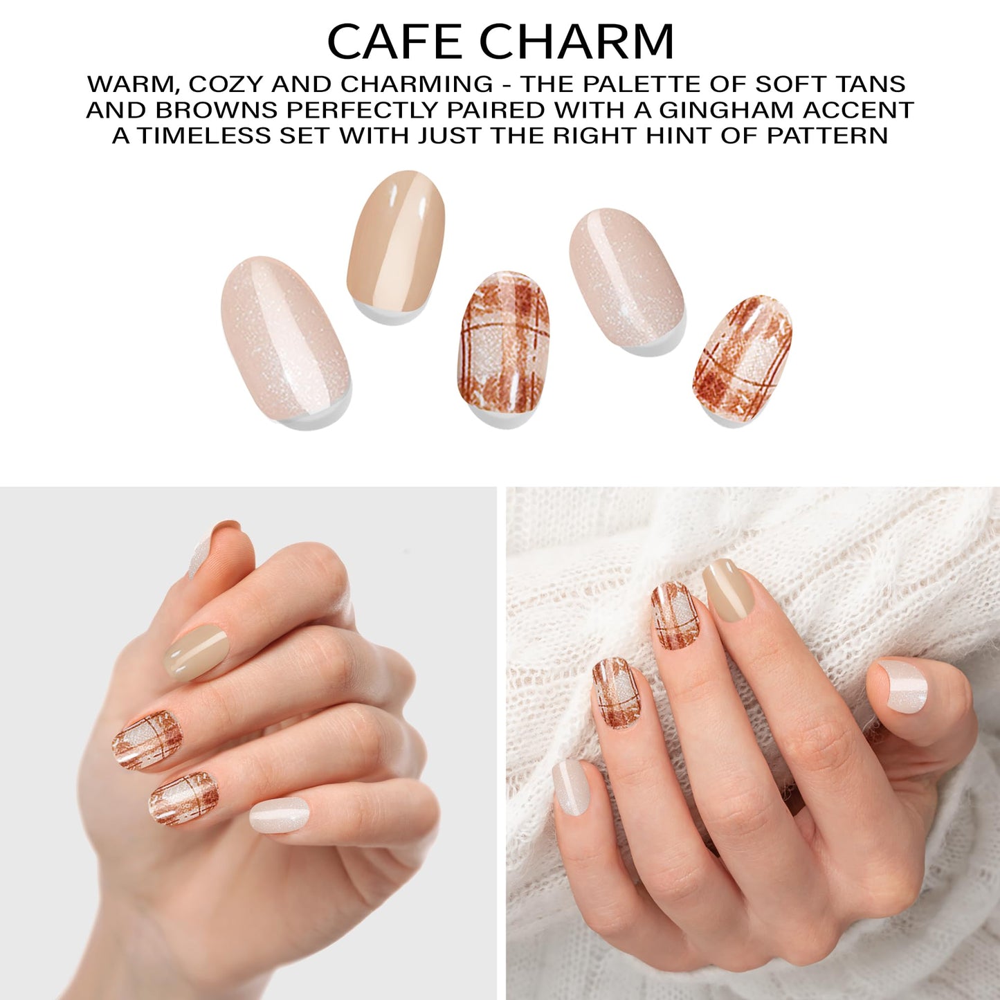 Adora Couture Semi-Cured Gel Nail Strips - 20 Salon-Quality Gel Sticker with UV Light Required, Long Lasting, Easy Application & Removal, Includes Prep Pad, Nail File, Wooden Stick – Cafe Charm