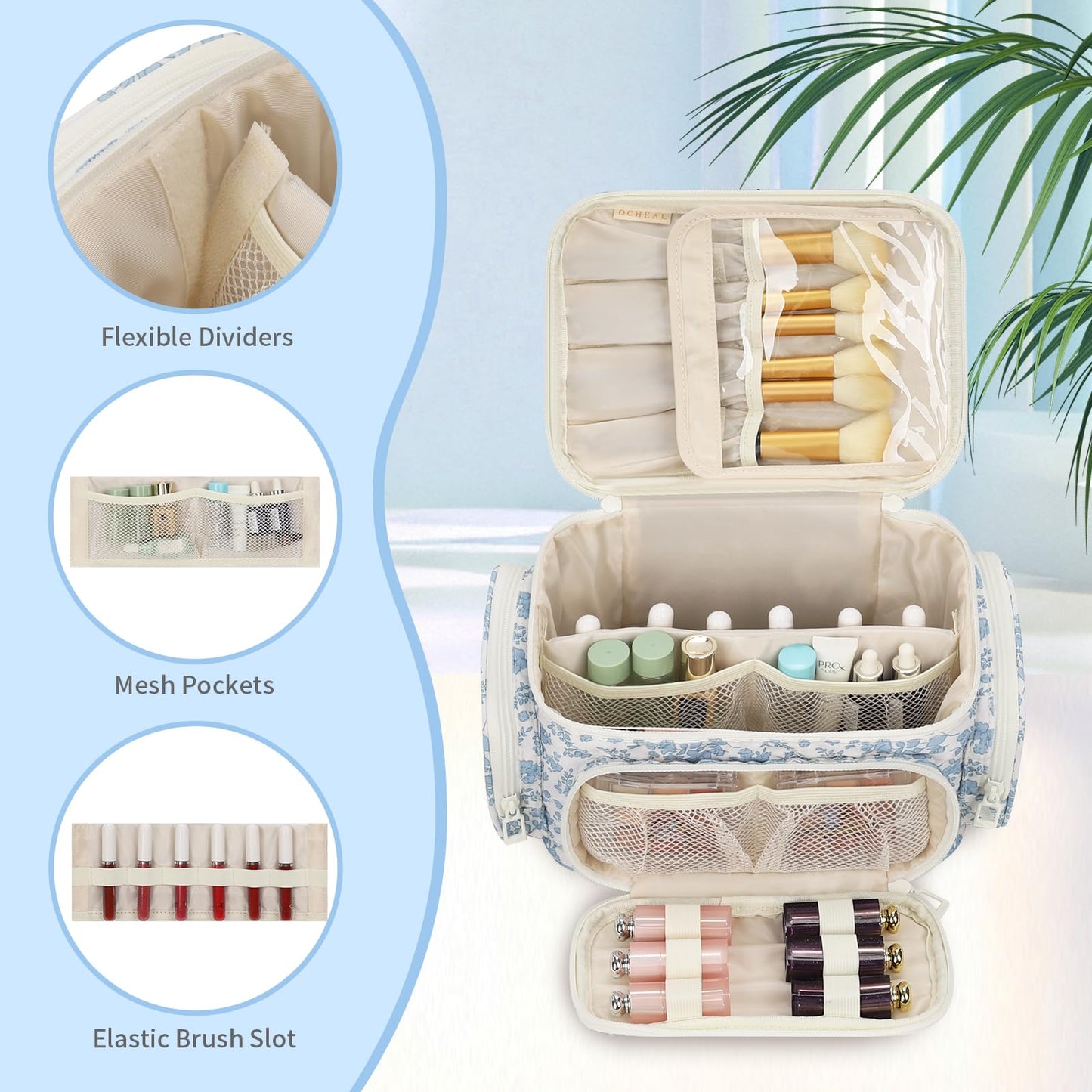 Makeup Bag with Multi-Pockets,Travel Cosmetic Bag with 2 Transparent Side Pockets for Easy Small Item Finding, Enlarged Internal Compartments, Large Capacity Waterproof Bottom Makeup Organizer -Floral