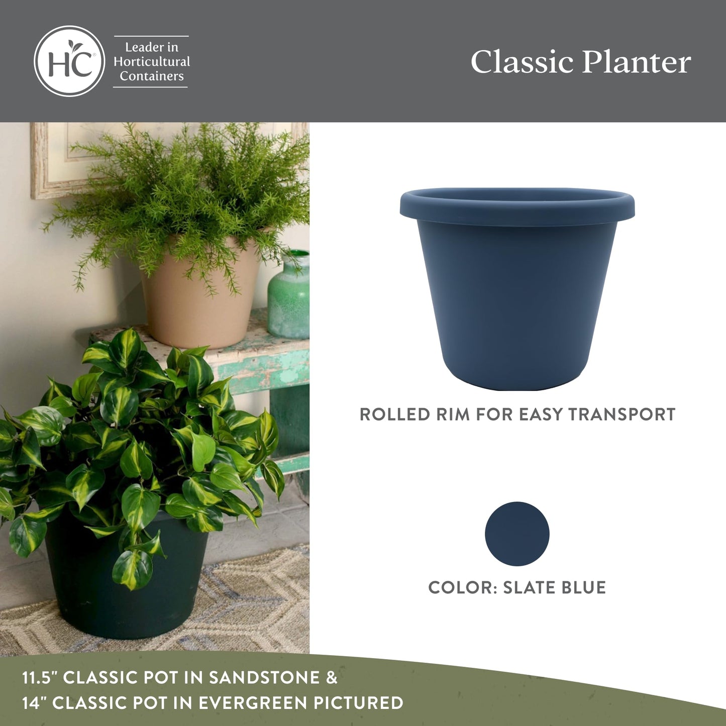 The HC Companies 11.5 Inch Classic Round Planter Pots with Drainage, Rolled Rim Plastic Planters for Indoor & Outdoor Plants, 2-Pack Decorative Flower Pots for Garden, Office & Home Decor, Slate Blue