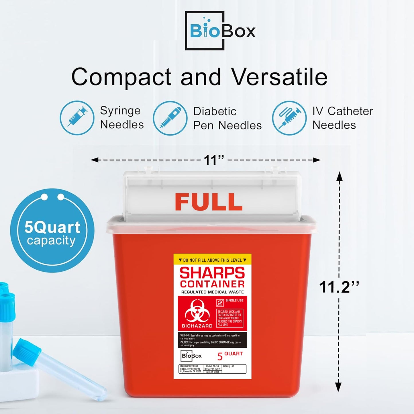 Sharps Container Small - Sharps Containers for Home Use and Labs - Portable Needle Disposal and Travel Size Biohazard Bin - (5 Quart, 1 Count)