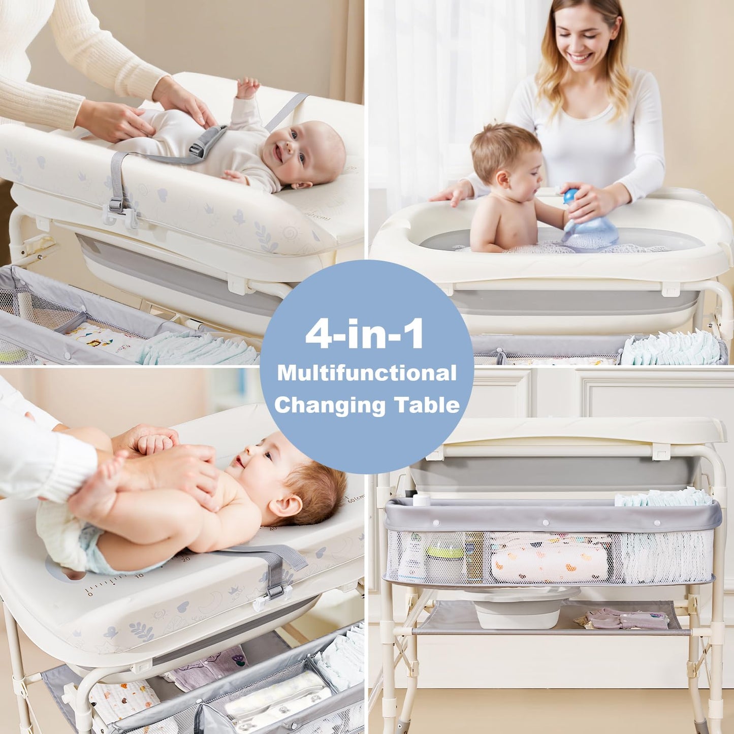 DZMDIP Baby Bathtub with Foldable Changing Table, Standing Infant Bath Tub for Newborn Toddler Shower, Portable Diaper Changing Station with Stand