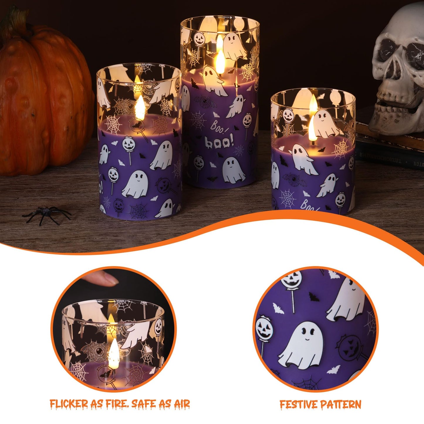 Girimax Purple Glass Flameless Pillar Candles with Remote, Halloween Flickering LED Wax Candles Battery Powered Set of 3