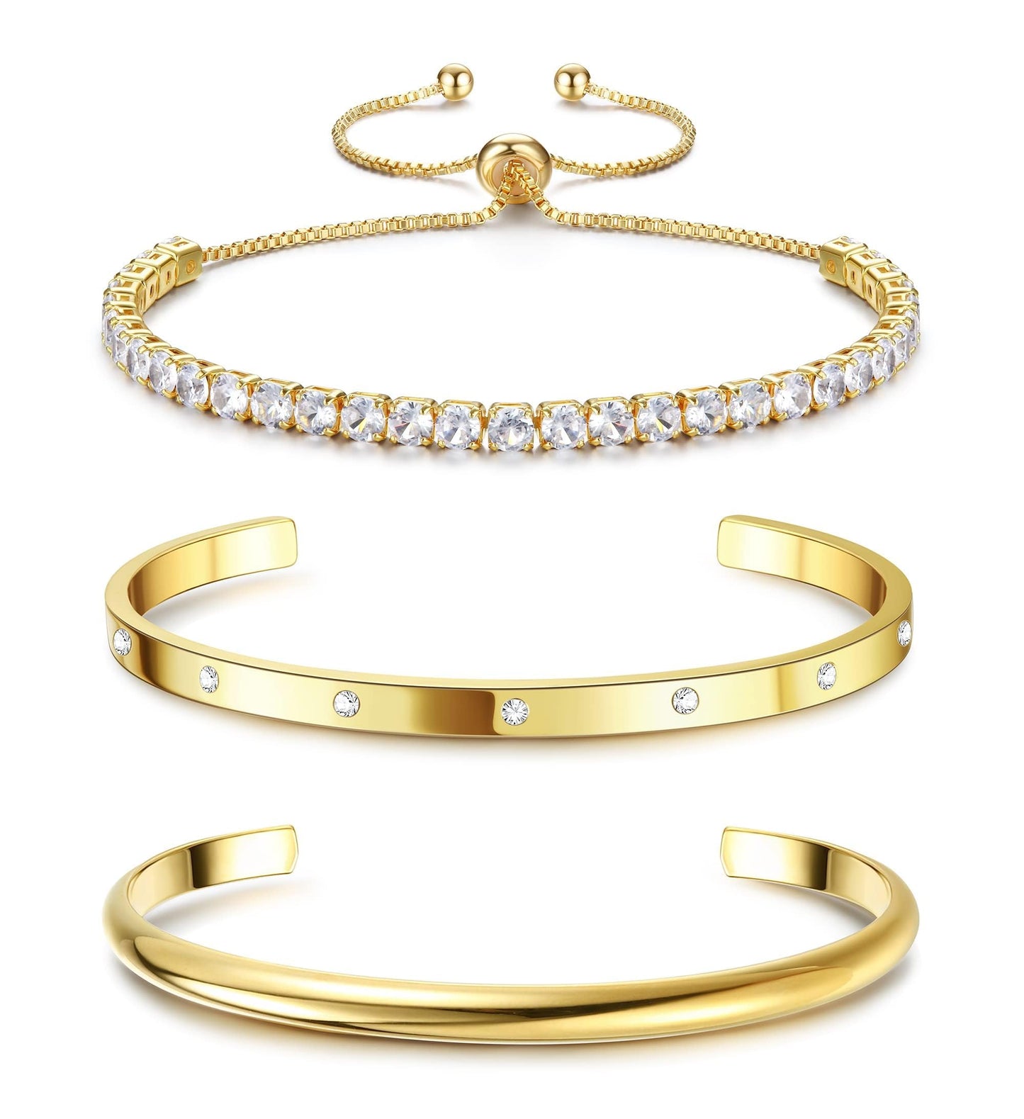 Fansilver 3PCS Gold Bracelets Set - 14K Gold Plated Link, Cuff, Bead Ball, Twisted Chunky Bangle Stackable Bracelets