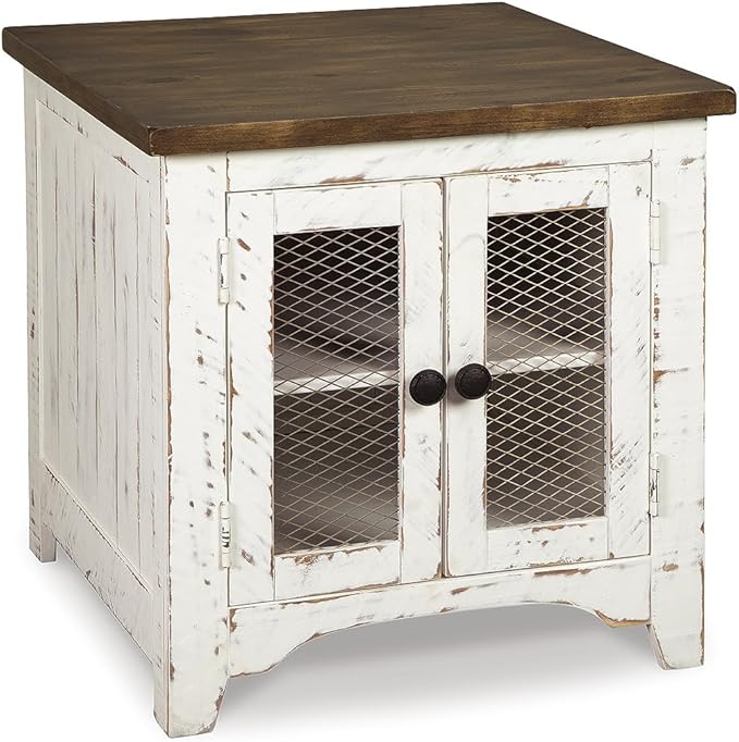Signature Design by Ashley Wystfield Farmhouse End Table with Storage, Distressed White & Brown Finish