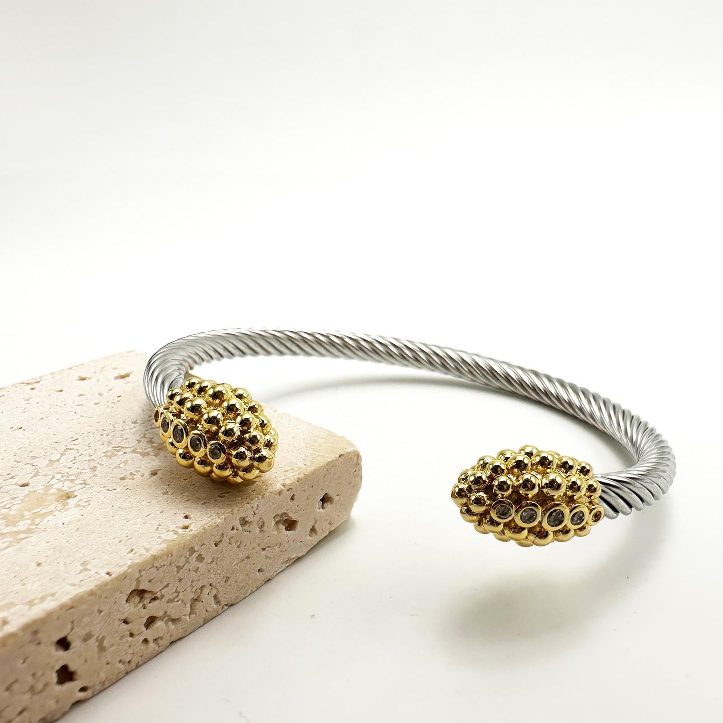 Gold Plated Cuff Crystal Bracelet, Stackable Bangles,Twisted Cable Wire Bangle Bracelets for Women, Stainless Steel Jewelry with Cubic Zirconia