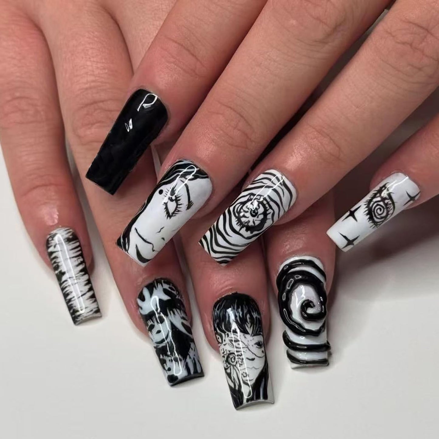 IMRAIN Long Press on Nails Square Fake Nails Black White Pattern Acrylic False Nails with Designs Full Cover Glossy Glue on Nails for Women