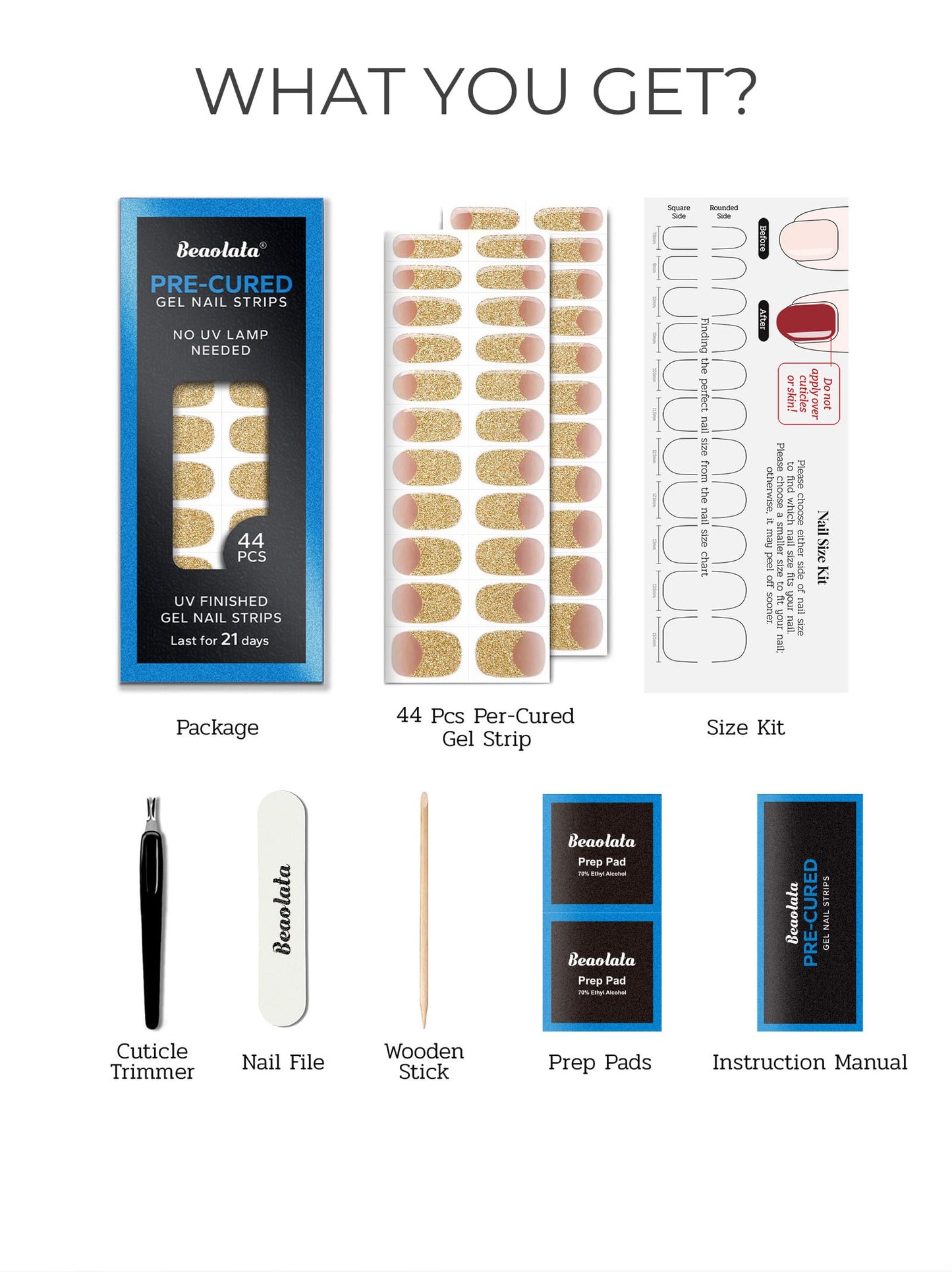 Beaolata Real Gel Nail Strips (No UV Light Needed) - 44Pcs Salon Quality Nail Stickers - Long Lasting Polish Wraps for Women, Easy Apply & Remove (Gold Haze