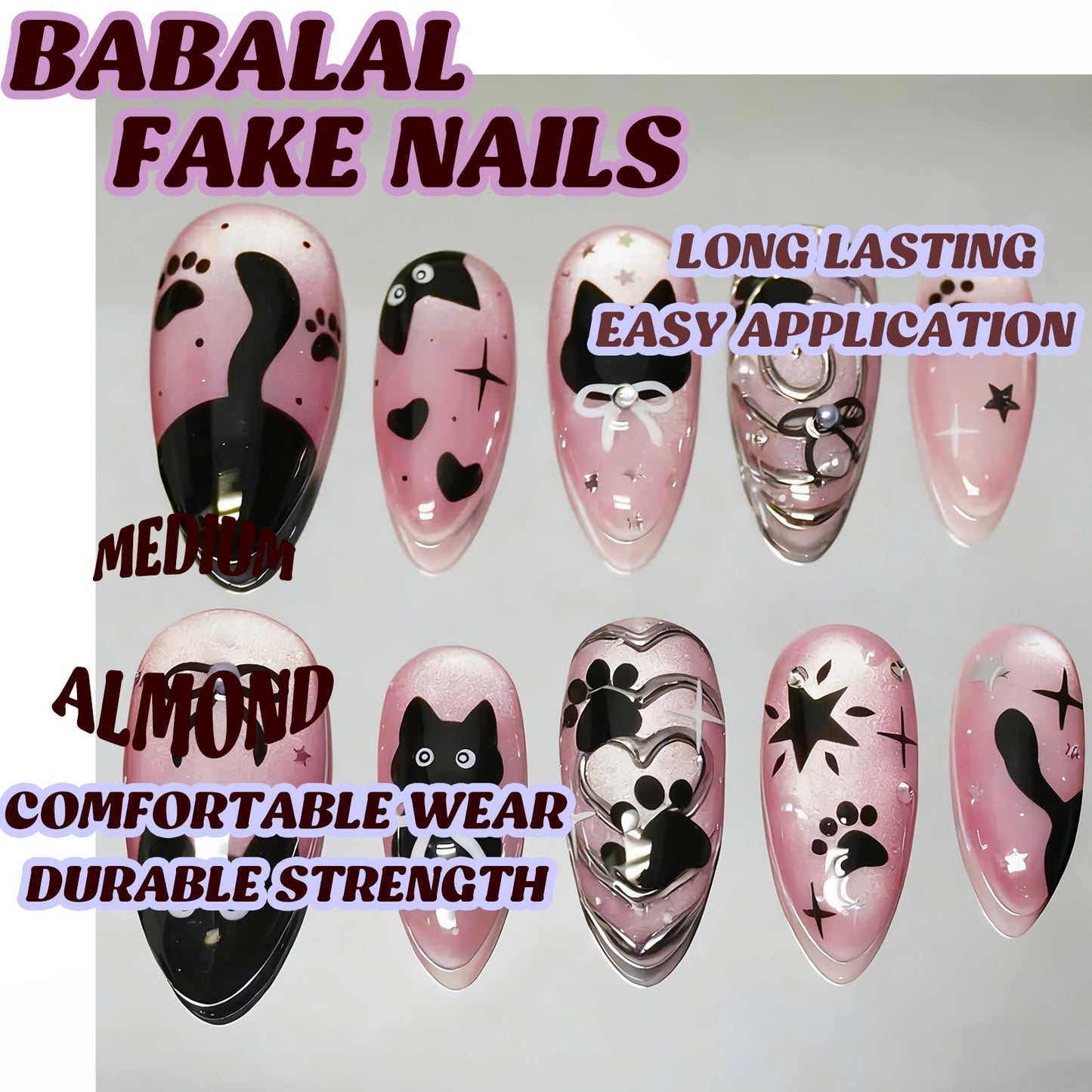 BABALAL Medium Almond Press on Nails - Pink Cat Eye Acrylic Nails with Black Cat Anime Kawaii Design, 24Pcs Cute Glossy Full Cover False Nails