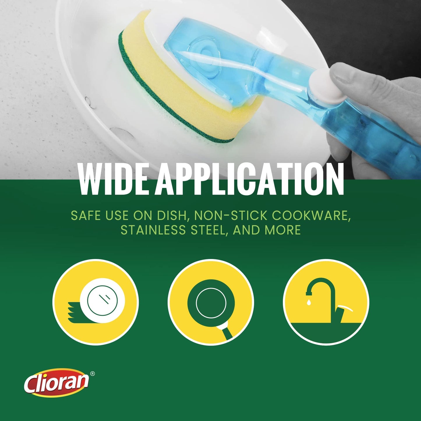 Clioran Dishwand Refills Sponges Heads with Soap Control Handle, 6 Non-Scratch Replacement Sponge Head for Dish Wand,Leak-Proof Handle,Universal Compatible Soap Dispensing Brush for Kitchen,Dishwasher