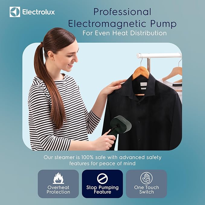 Electrolux SnapSteam Steamer for Clothes - Powerful 1200W Handheld Detachable Steam Press Iron Wrinkle Remover Portable Travel Steamer for Garments, Fabrics & Curtains, Green