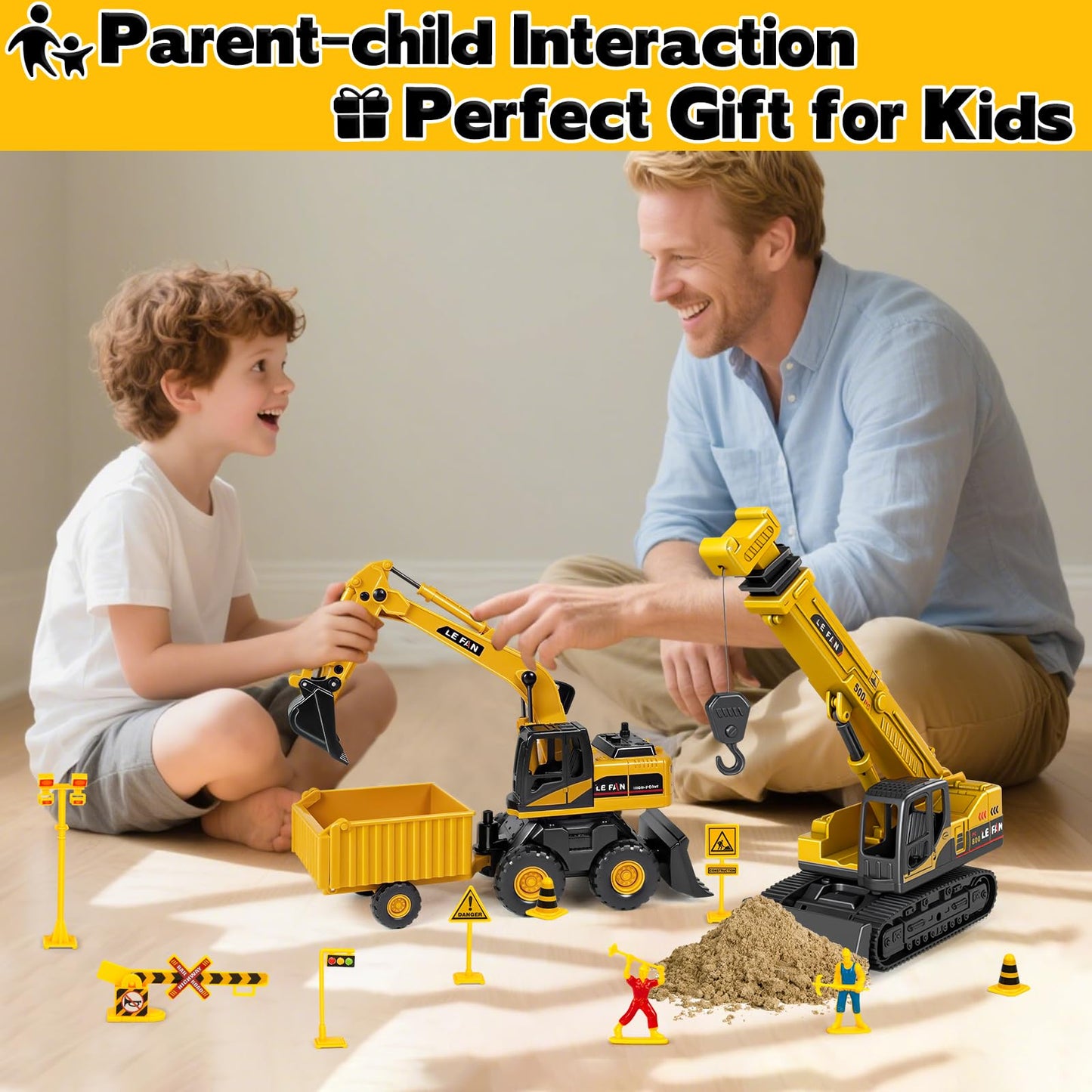 Kids Construction Toys for Boys - 3 in 1 Excavator, Crane and Dump Trucks with Road Signs for Toddlers Ages 3-5, Friction Power Construction Vehicles Model Car, Transport Truck Playset Birthday Gifts