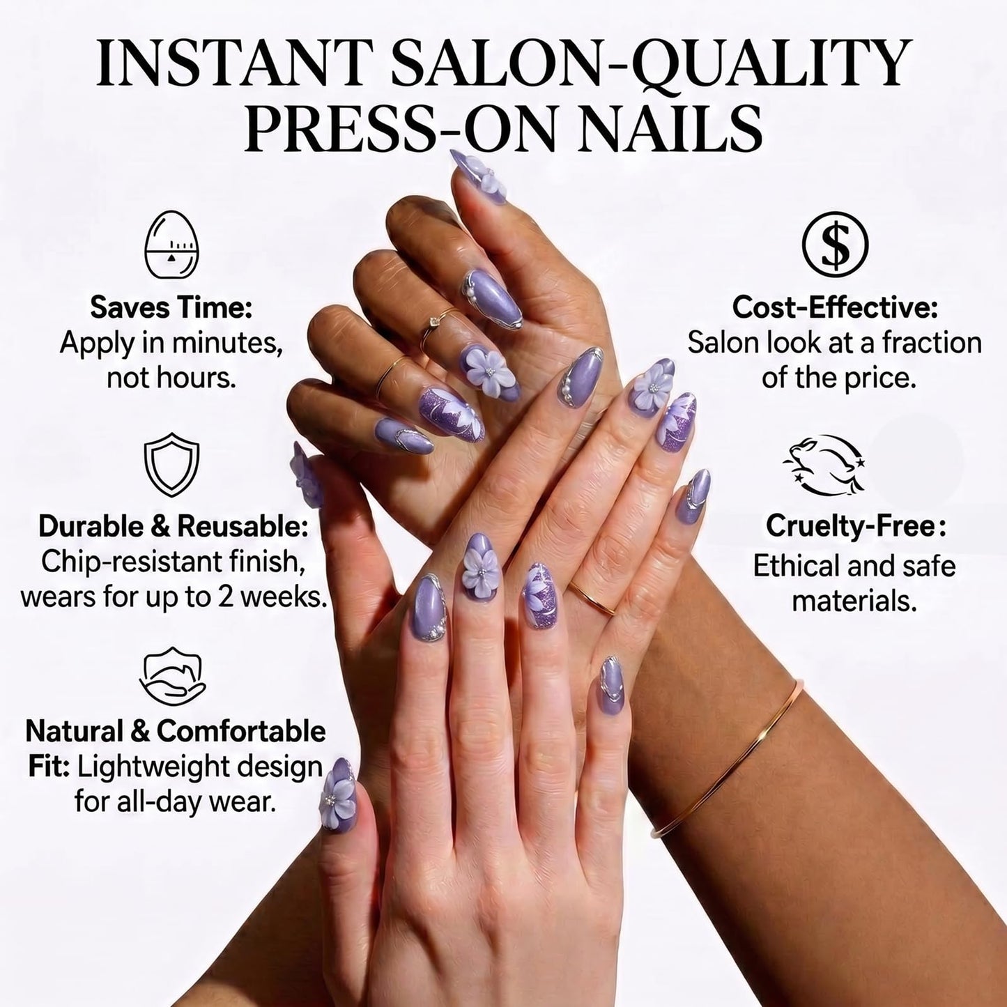 IMRAIN Almond Press on Nails, Medium Fake Nails, Purple Cat Eye 3D Sculpted Flower Pearl, 30 Pcs Reusable Glue on Nails for Women, Salon Quality
