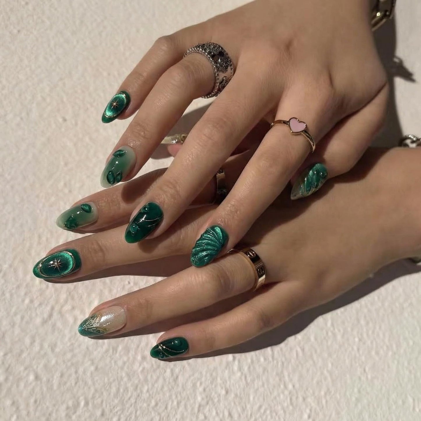 IMRAIN Handmade Press on Nails - Translucent Jade Green Jelly with 3D Leaves - 10Pcs Almond Shape Fresh Ice Glazed Nature Nails(m)