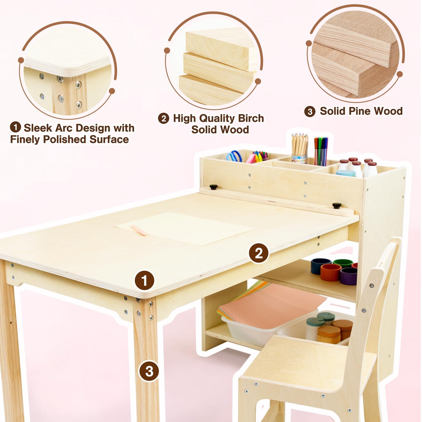 bbgroundgrm Kids Art Table and Chair Set, Birch Wooden Activity Craft Table, Kids Drawing Table, Toddler Desk with Storage and 1 Chair