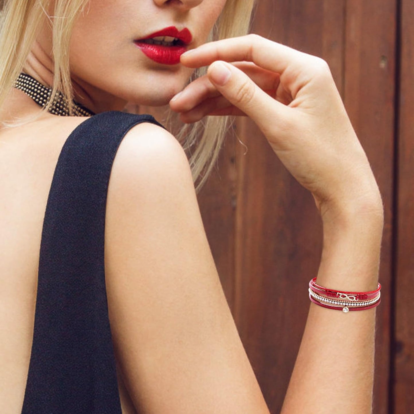 Leopard Bracelet for Women, Boho Leather Wrap Multi-Layer Pearl Crystal Bracelet Bangle Jewelry (Infinite(Red))