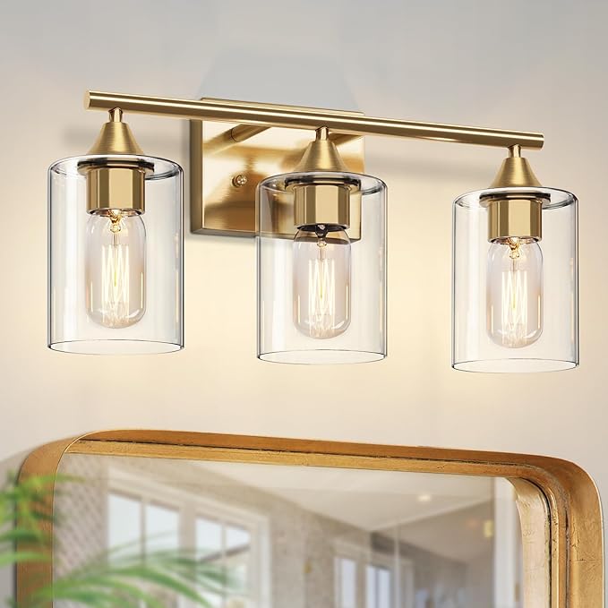 XPEHK Gold Bathroom Light Fixtures,3-Light Vanity Lights,Modern Brushed Brass Gold Wall Sconce Lighting,Bathroom Wall Lamp for Mirror Bedroom Living Room Vanity Table Hallway