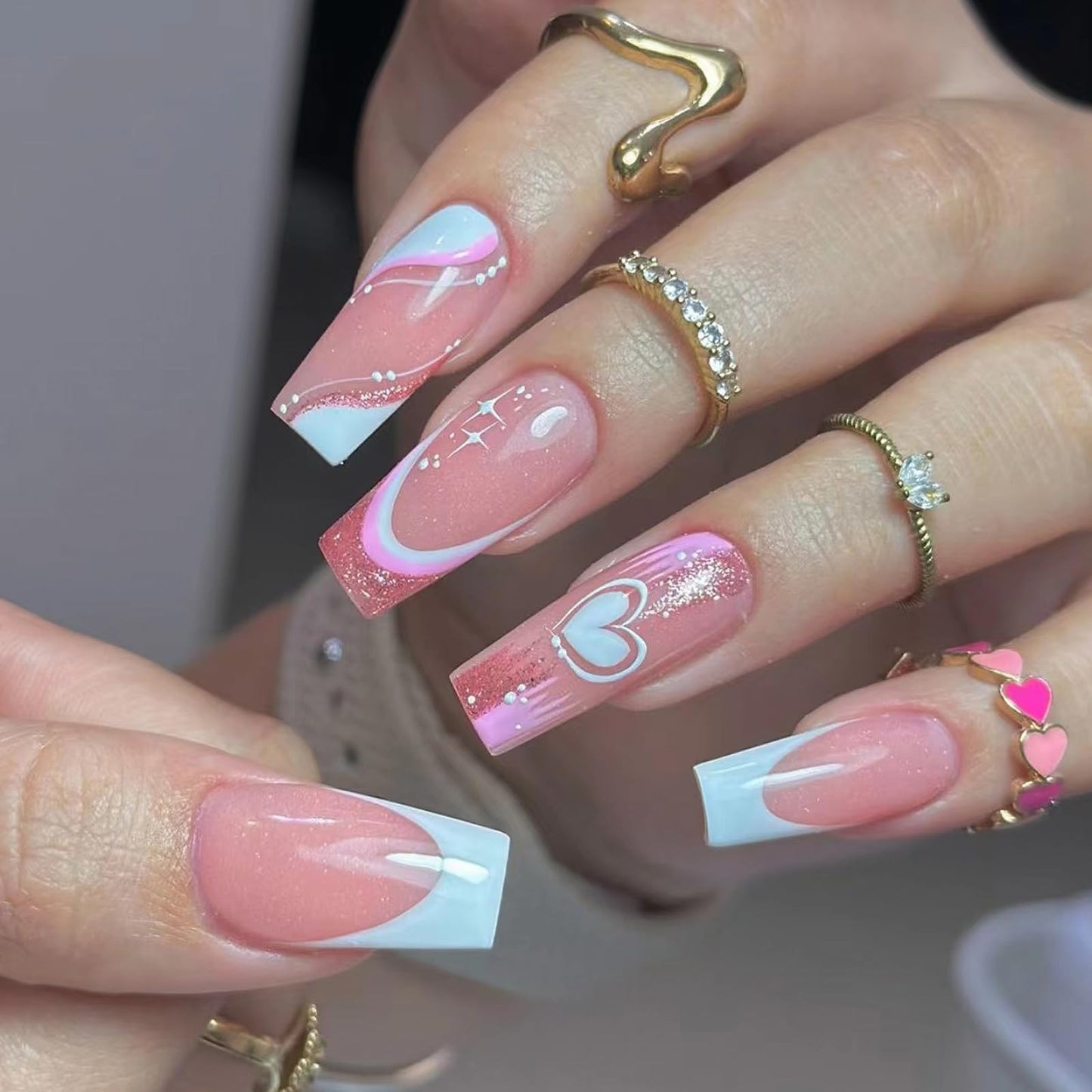 MISUD Press on Nails - Long Square Fake Nails with Pink White, Acrylic Heart Glitter Design 24 pcs