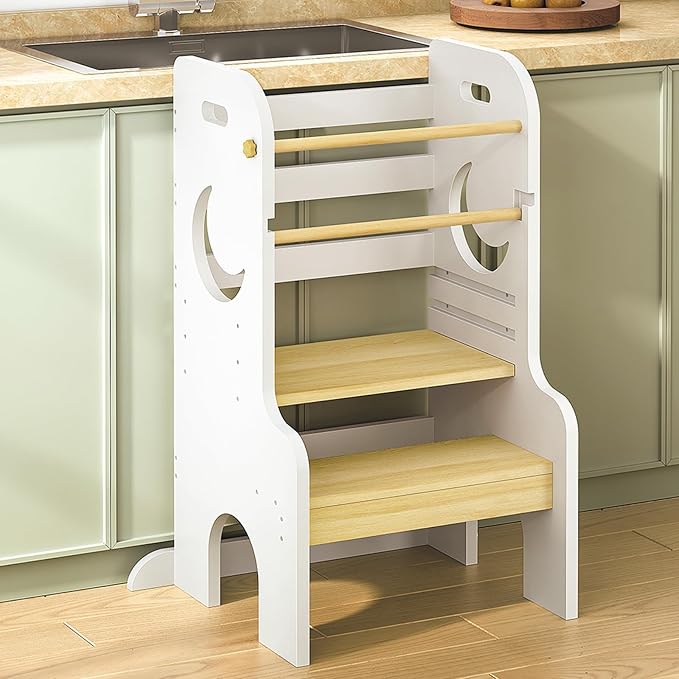 HOOBRO Toddler Standing Tower, Adjustable Height Toddler Step Stool with Back Protection, Kids Kitchen Step Stool with Safety Rails and Non-Slip Foot Pads, for Kitchen, Bathroom, White WN90JD01