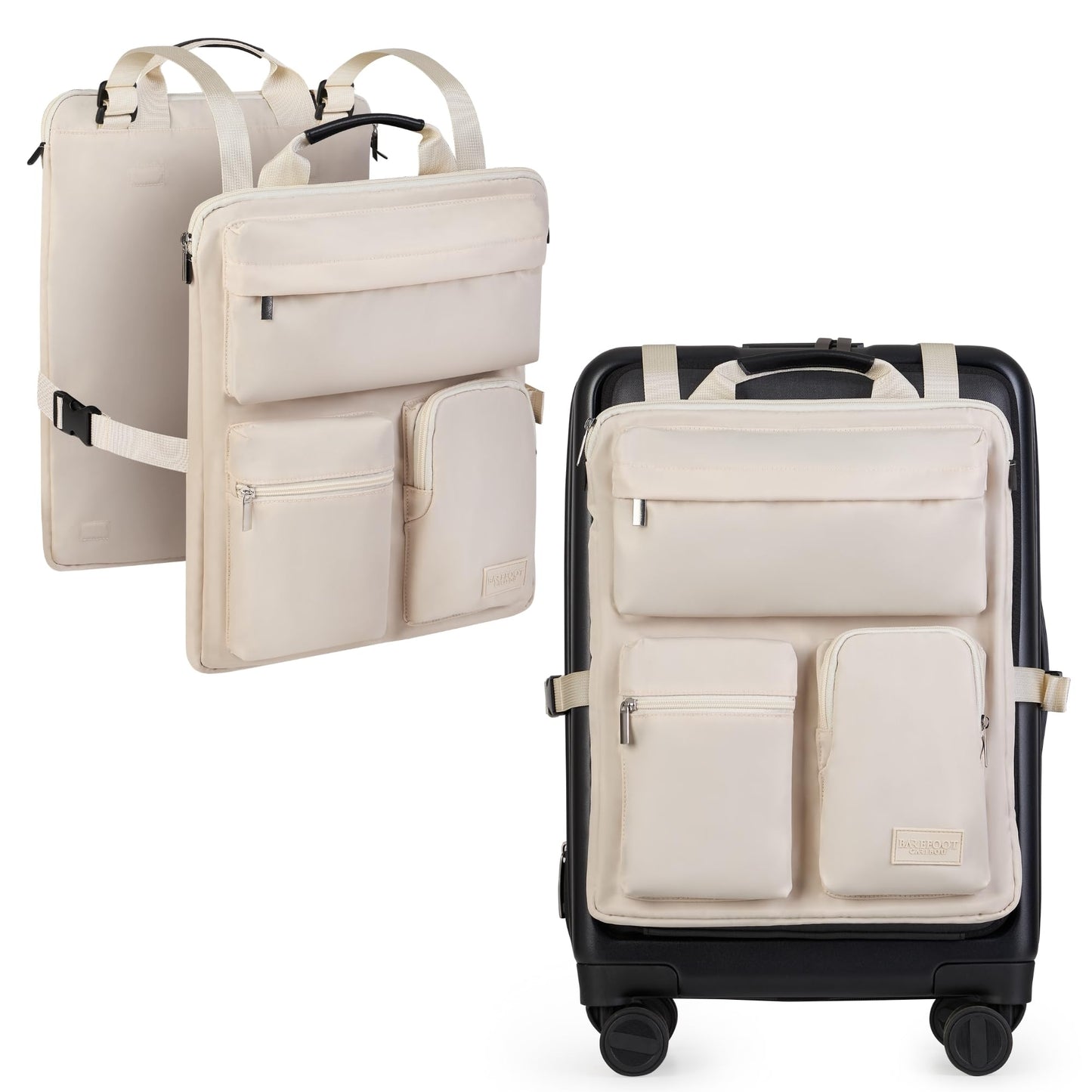 BAREFOOT CARIBOU Over Luggage Organizer for Carry On Bag or Suitcase with Storage Pockets, 16” Laptop Sleeve with Handle, Travel Accessories Bag Slide On Luggage Harness with Adjustable Straps (Ivory)