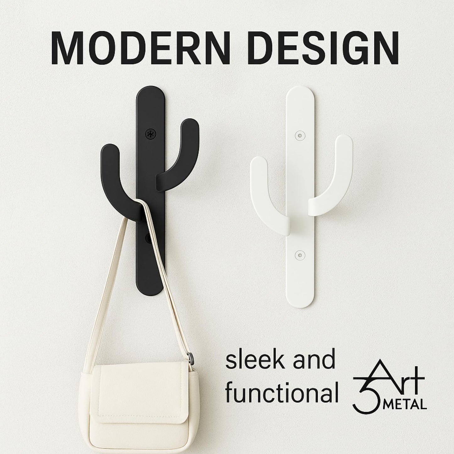 3Art Metal Cactus Wall Hooks Set of 2 – Black & White Minimal Metal Hangers – Decorative Wall Rack for Entryway, Bathroom, Kitchen, Modern Minimalist Decor