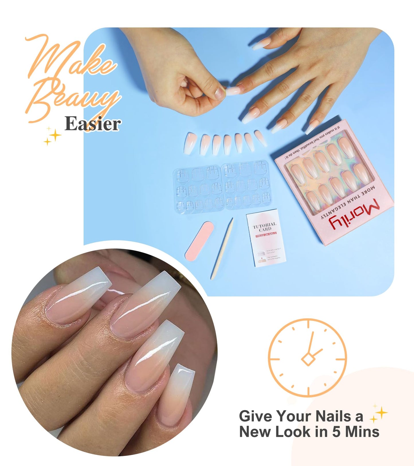 Morily Press on Nails - Pink Ombre Coffin Fake Nails Medium Length, French Tip Glossy False Stick on Fingernails for Women - 24Pcs in 12 Sizes