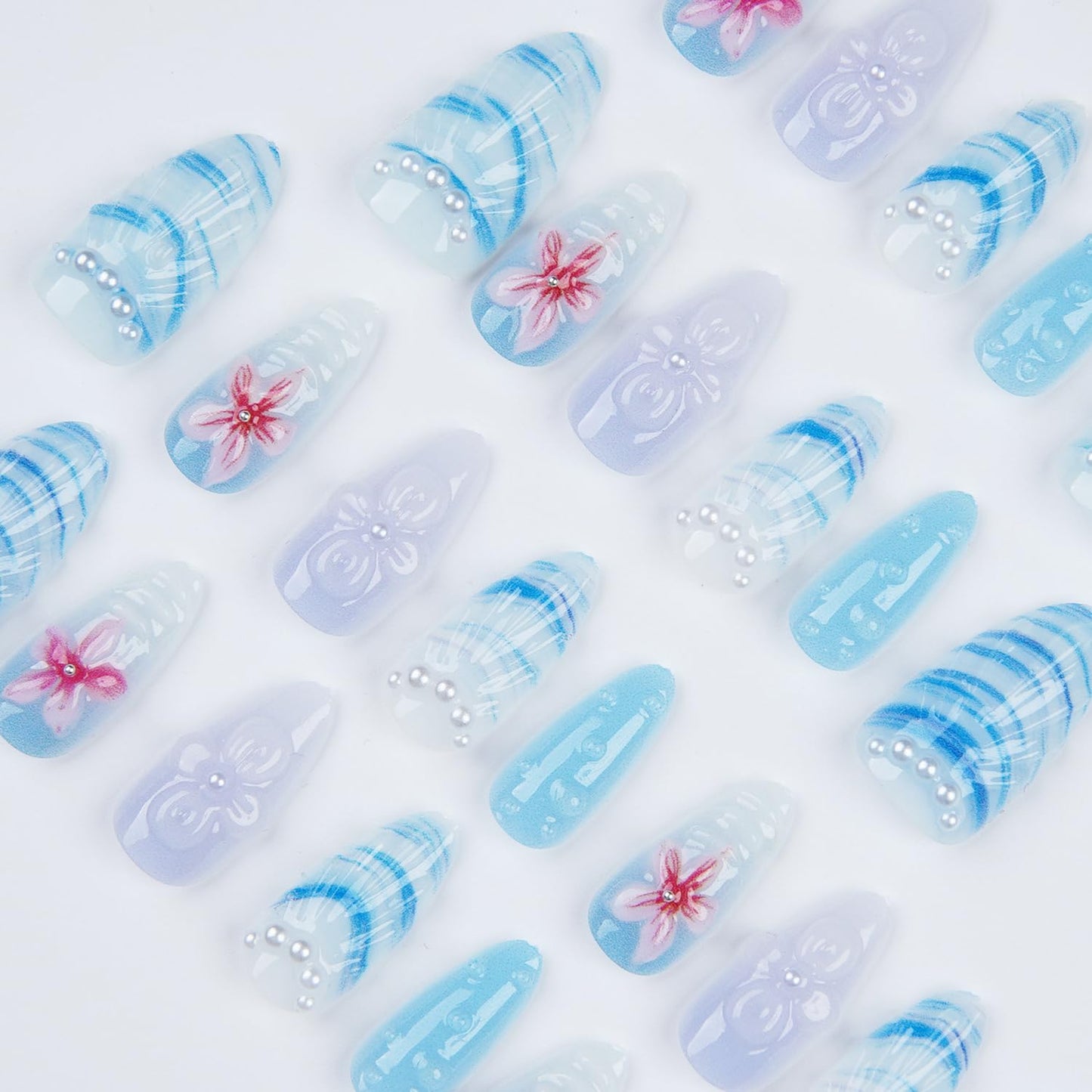 Blue Ocean Press on Nails, Medium Almond Handmade 3D Seashell Fake Nails with Pearl & Flower Designs, Reusable False Nails with Glue Tabs Stick on Nails for Summer Beach 30Pcs Nail Kit