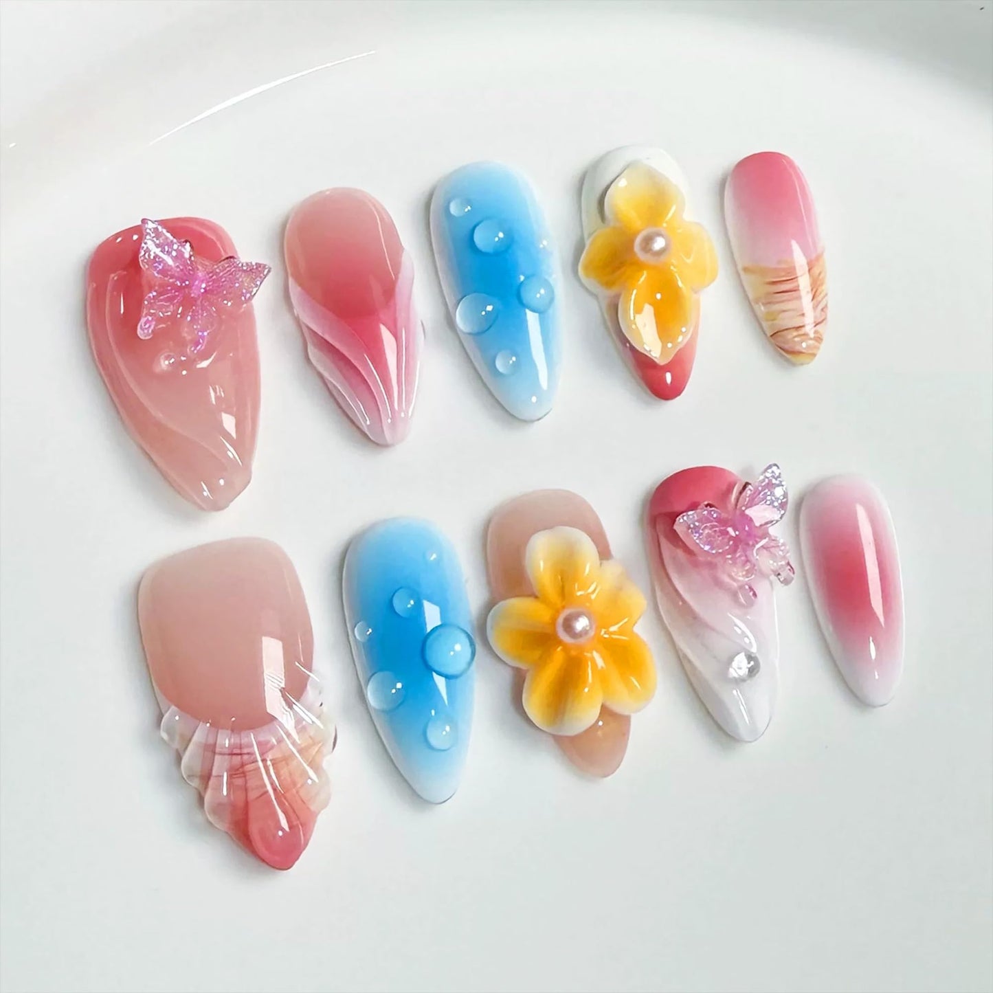 Qicaijia 10Pcs(Size M) Medium Almond Handmade Press On Nails - Luxury Glossy French Tip Acrylic Fake Nails with 3D Butterfly Floral Petal Designs, Reusable for Women’s Manicure