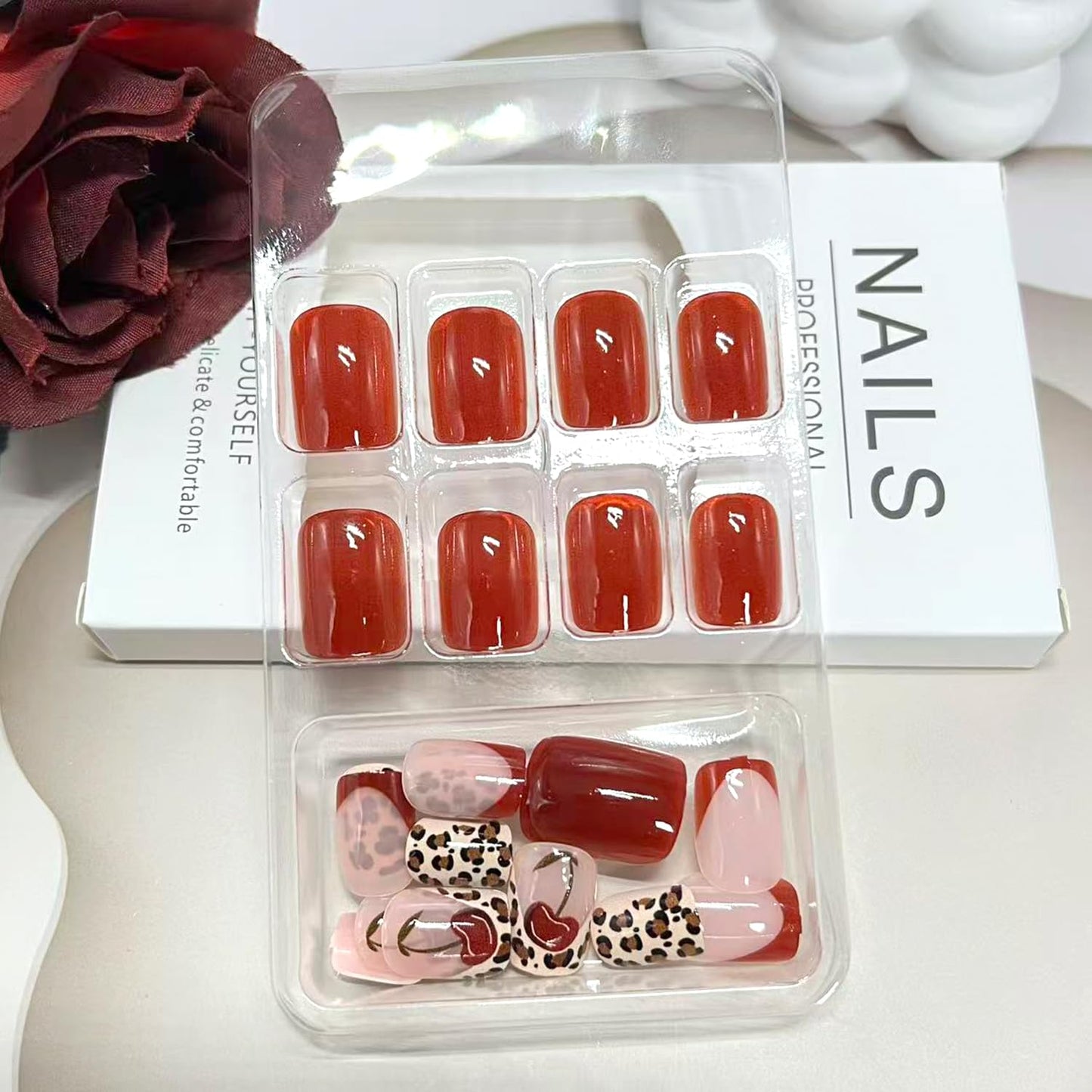 Vopintpy Cherry Red Press on Nails Short Square Fake Nails with Design Glossy Acrylic Glue on Nail Reusable Full Cover Artificial Stick on Nail for Women DIY Manicure