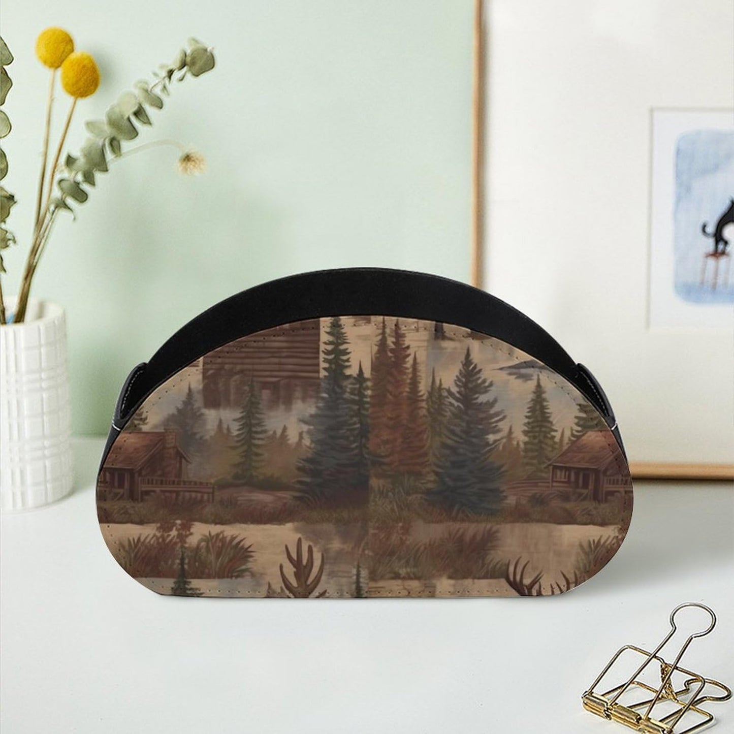 DWVSFJM Rustic Lodge Bear Moose Remote Control Holder Desk Storage Organizer Box PU Leather Remote Caddy with 5 Compartments Fashionable Pen Storage Box Modern Desktop Organizer