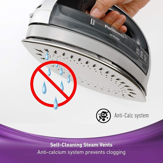 Panasonic NI-WL600 Cordless Steam/Dry Iron, 1500W Wide Stainless Steel Plate, Silver/Black