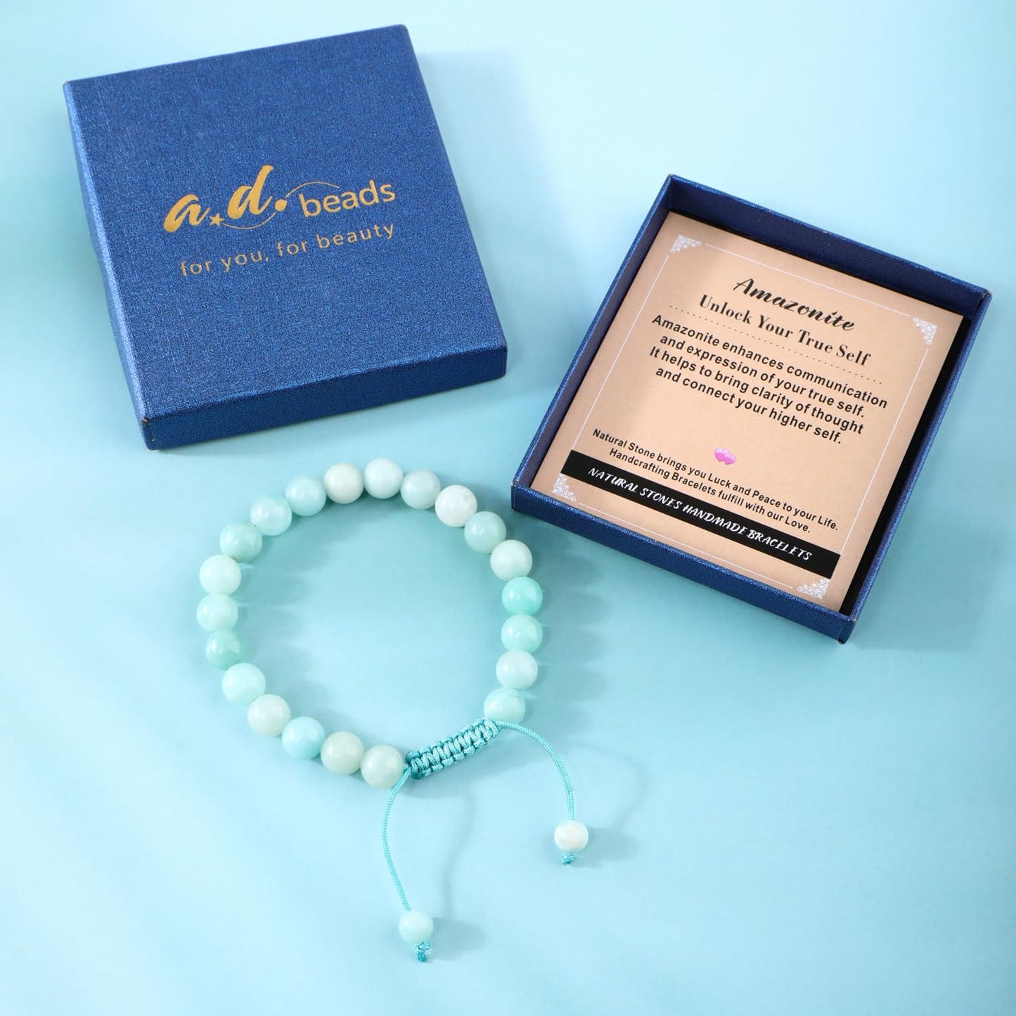 AD Beads 8mm Amazonite - Unlock Your Ture Self - Handmade Natural Stone Crystal Bracelet with Adjustable Macrame String - Yoga Healing Power Energy Gifts for Men and Women