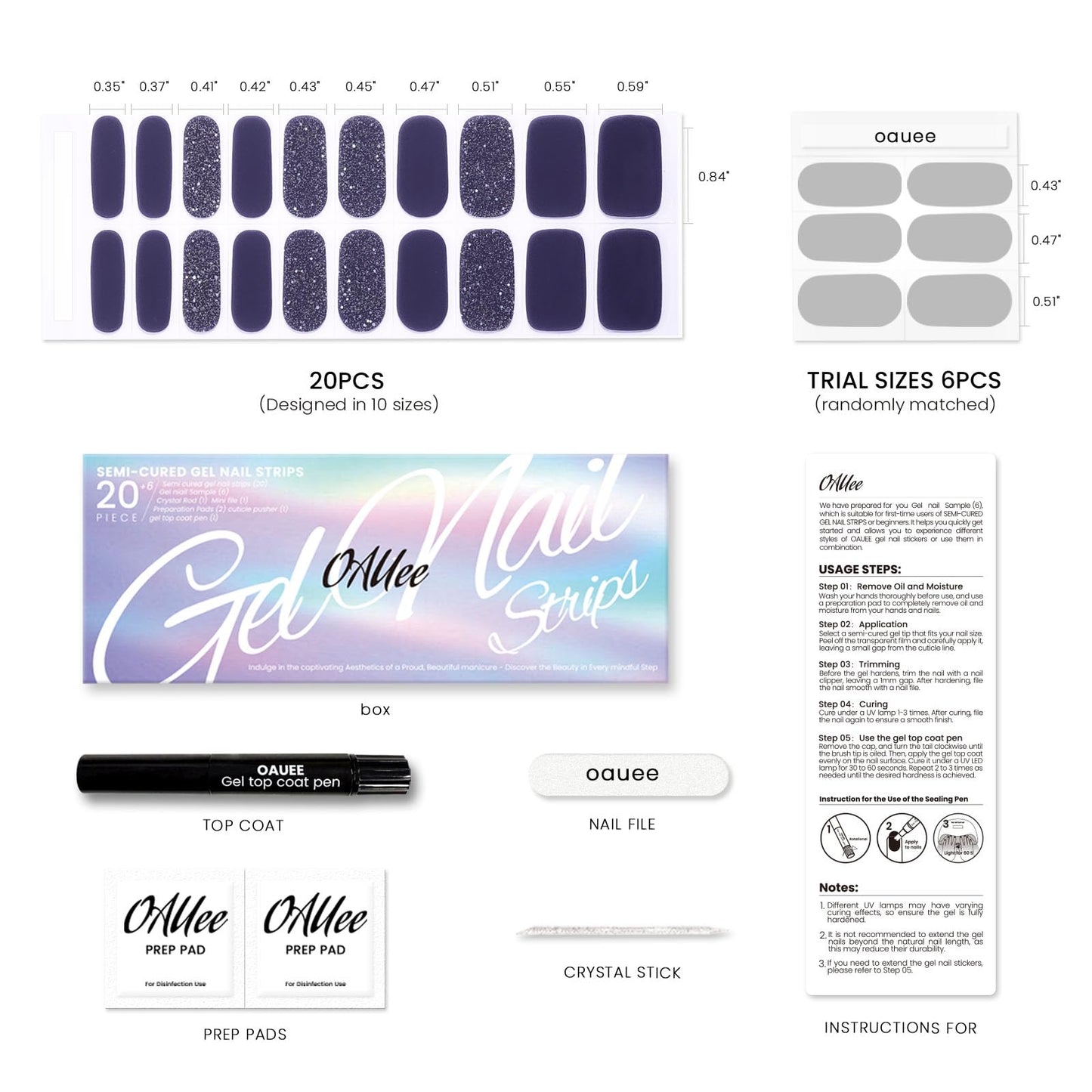 Oauee Semi Cured Gel Nail Strips | Built-In Gel Top Coat | UV Light Required | Salon Quality, Easy Application And Removal (Slate Sparkle)